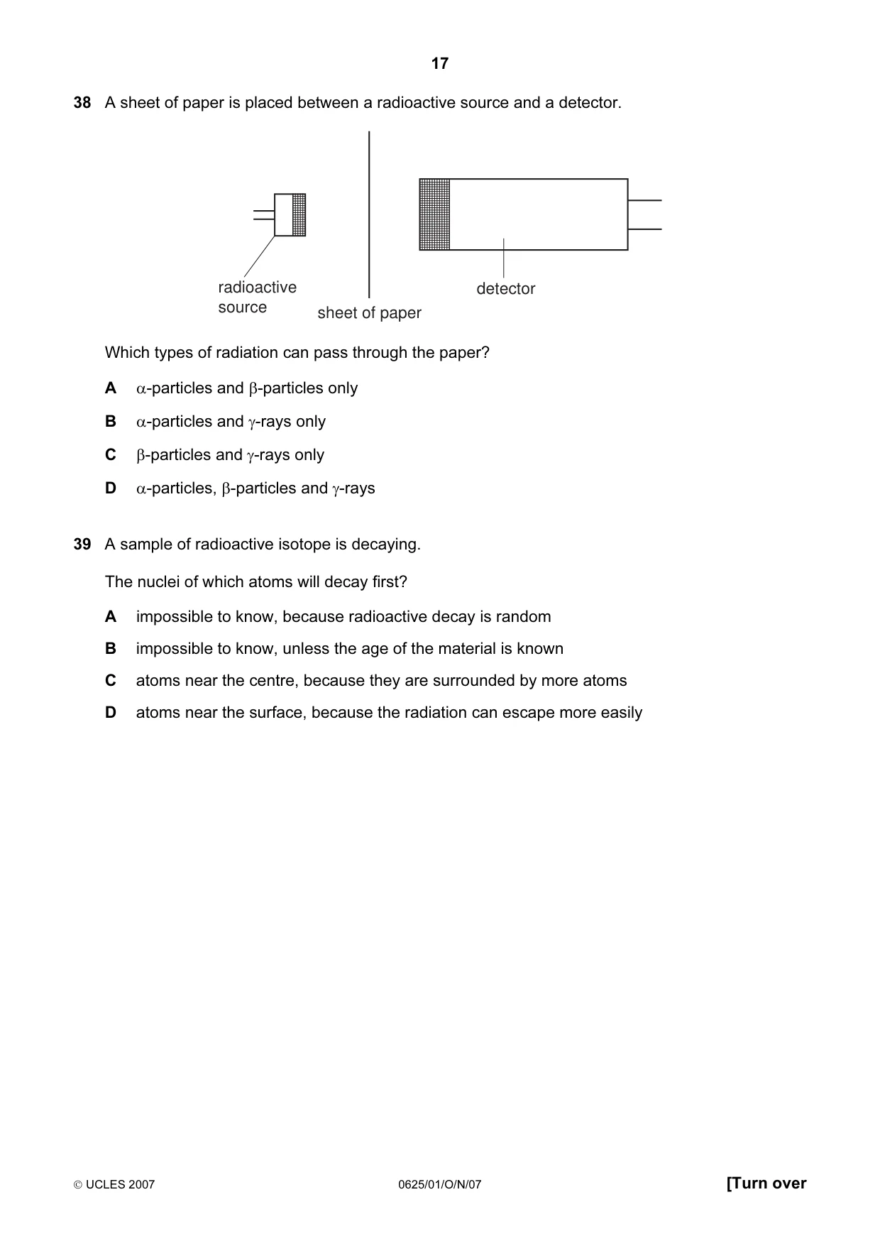 Cambridge IGCSE Physics 0625 2007 Oct/Nov Paper 1 · Variant 1 question paper, page 17 of 20