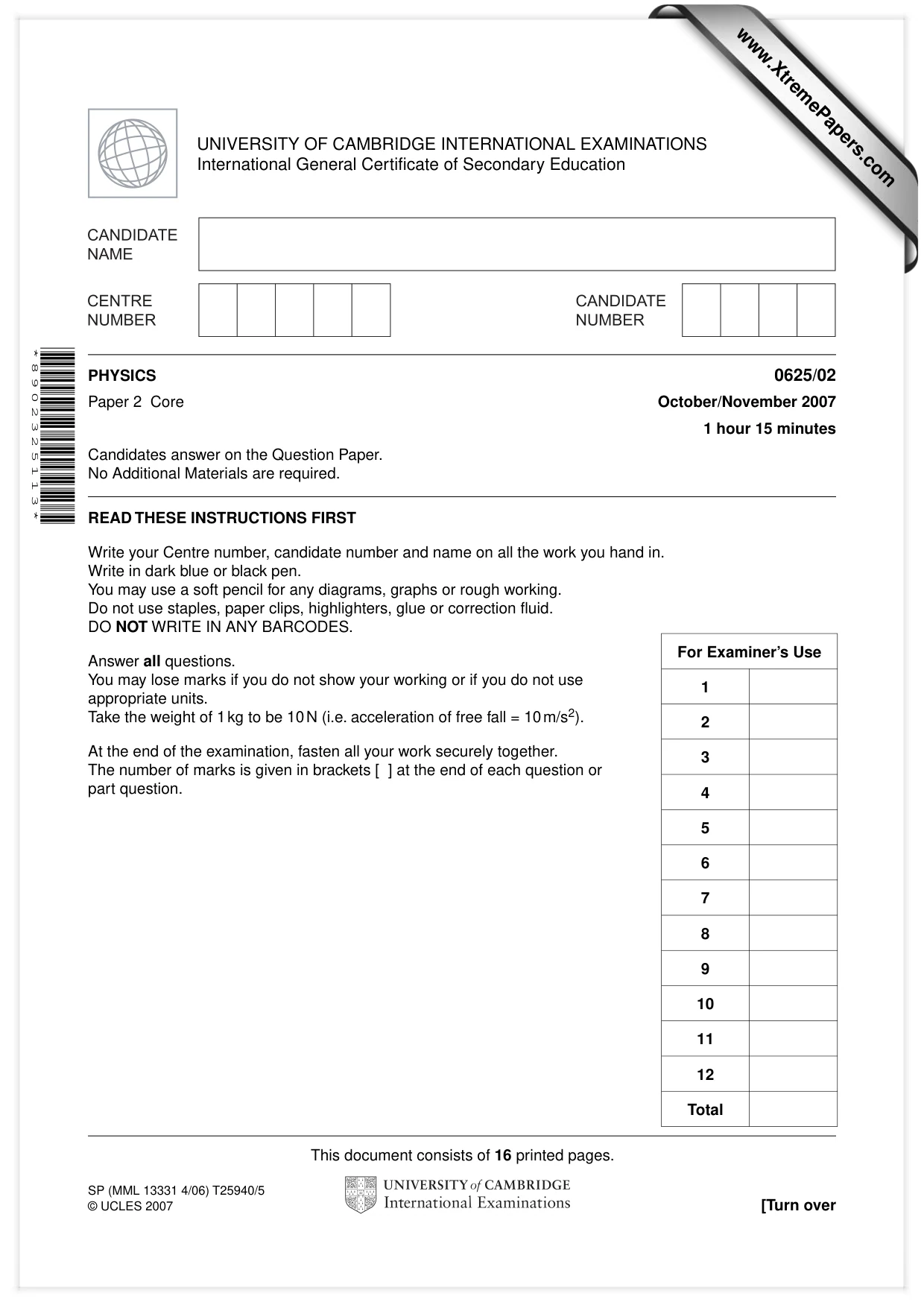 Cambridge IGCSE Physics 0625 2007 Oct/Nov Paper 2 · Variant 1 question paper, page 1 of 16
