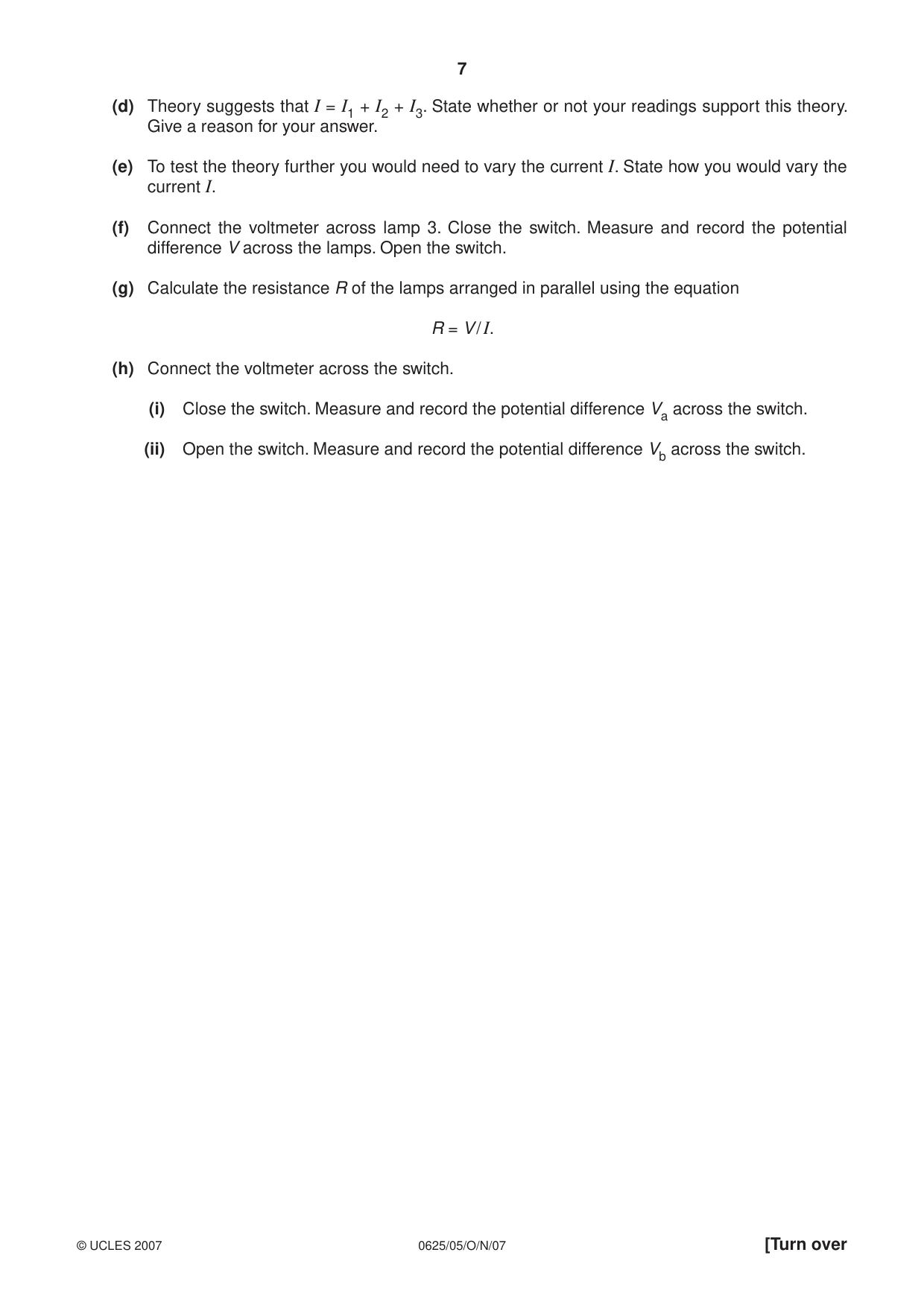 Cambridge IGCSE Physics 0625 2007 Oct/Nov Paper 5 · Variant 1 question paper, page 7 of 12