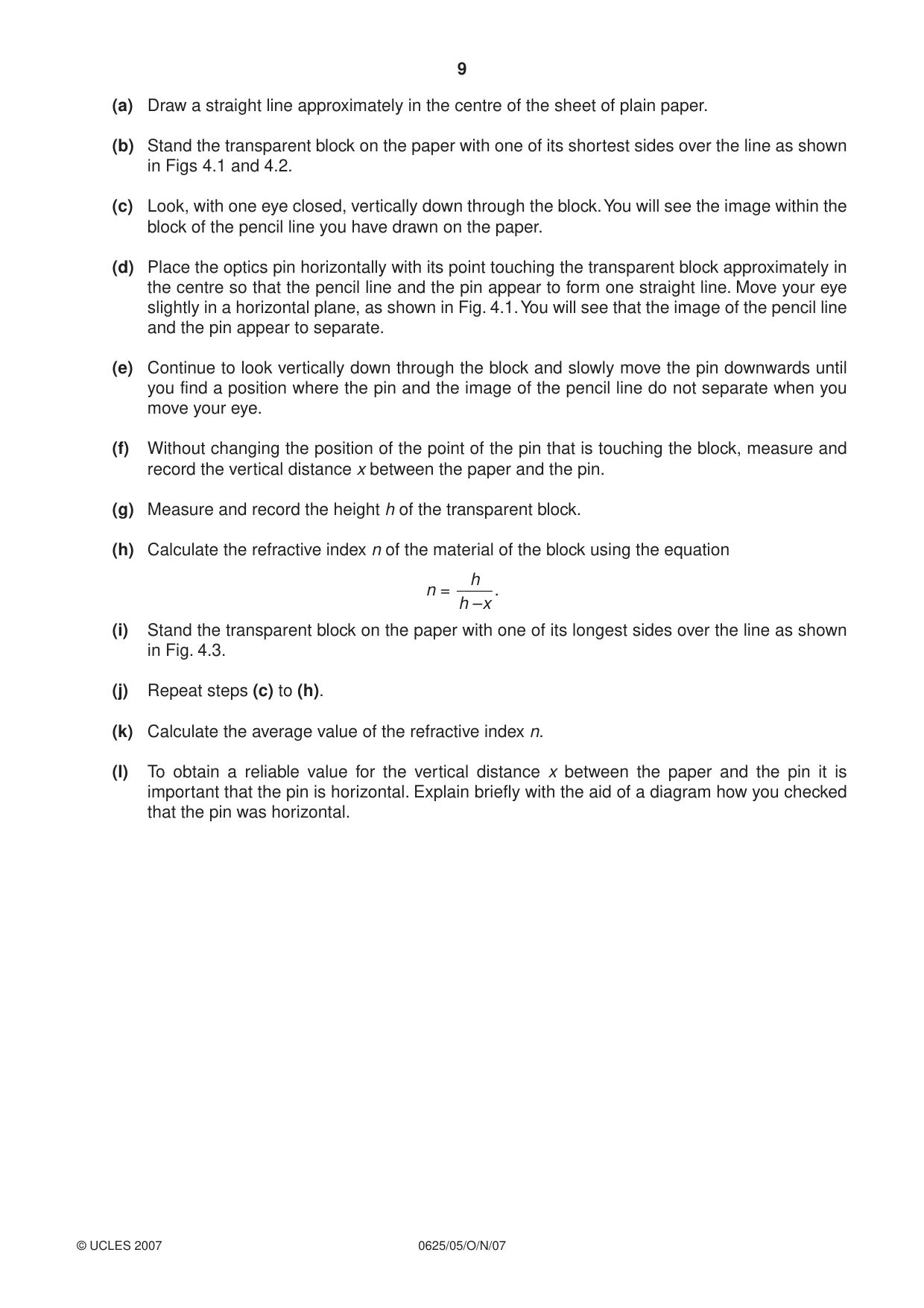 Cambridge IGCSE Physics 0625 2007 Oct/Nov Paper 5 · Variant 1 question paper, page 9 of 12
