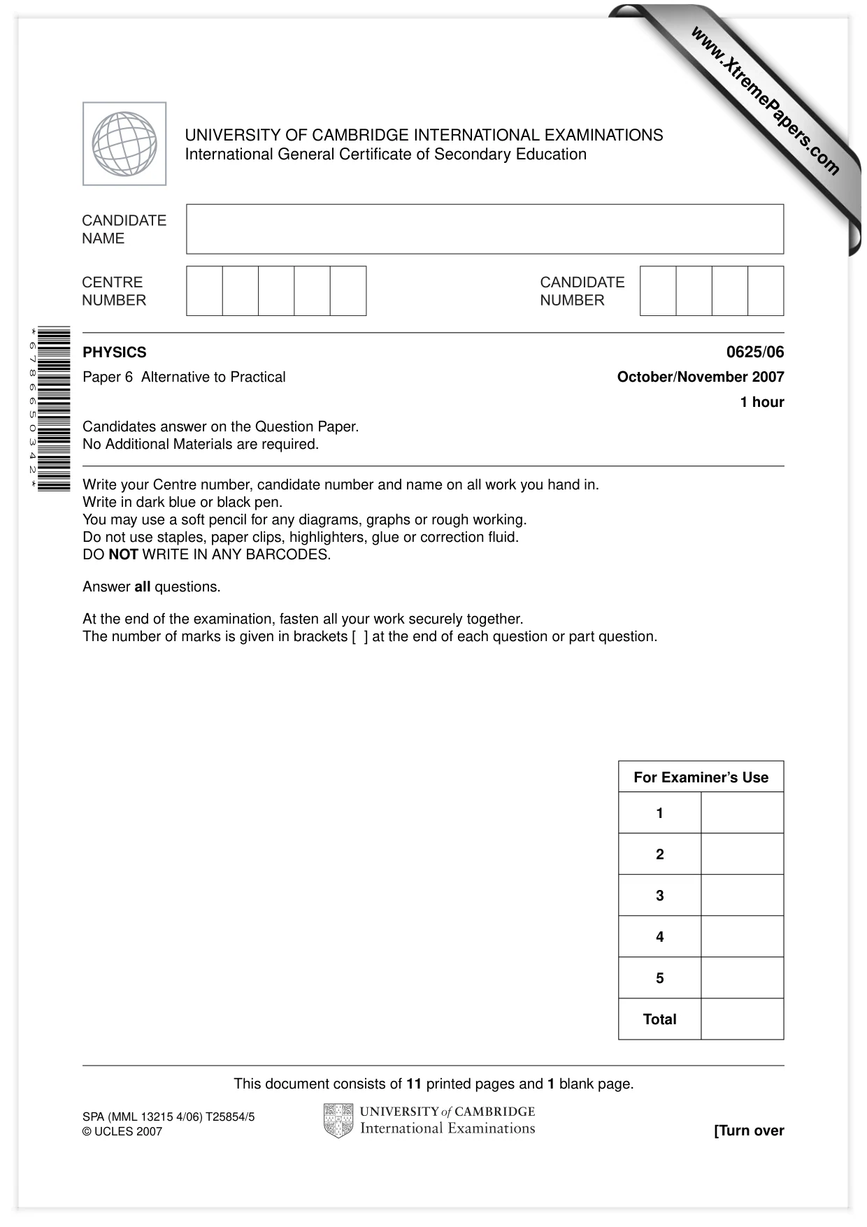 Cambridge IGCSE Physics 0625 2007 Oct/Nov Paper 6 · Variant 1 question paper, page 1 of 12