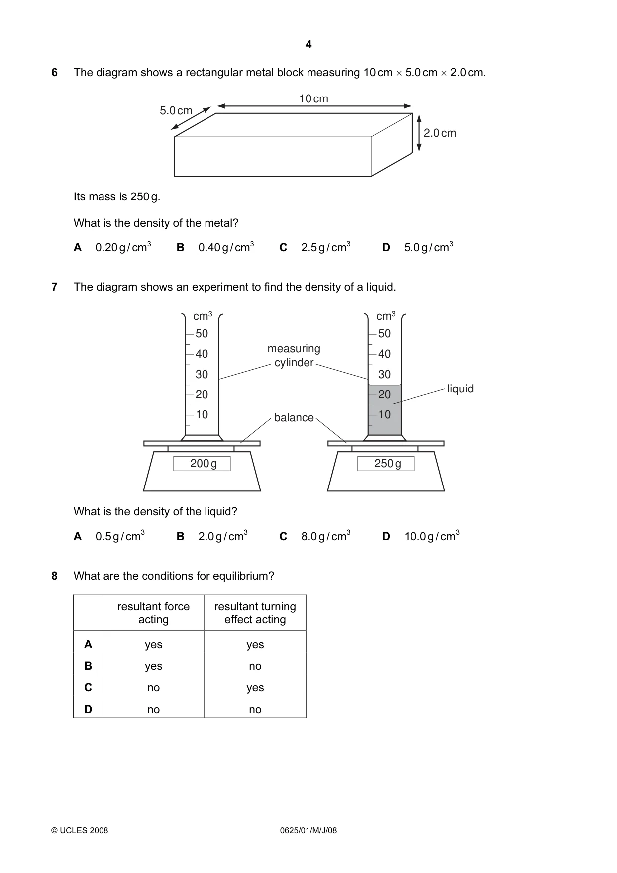 Cambridge IGCSE Physics 0625 2008 May/June Paper 1 · Variant 1 question paper, page 4 of 20