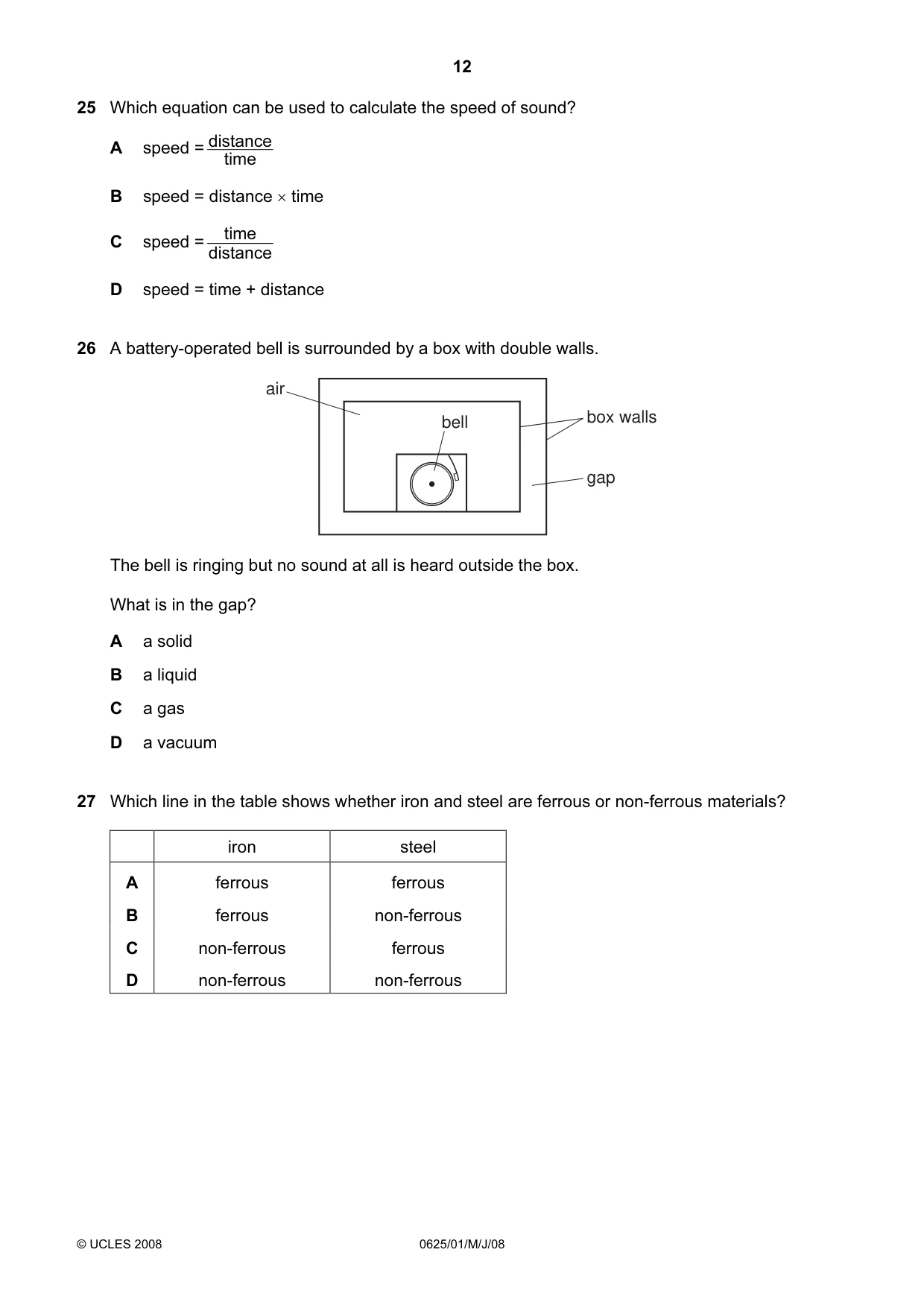 Cambridge IGCSE Physics 0625 2008 May/June Paper 1 · Variant 1 question paper, page 12 of 20