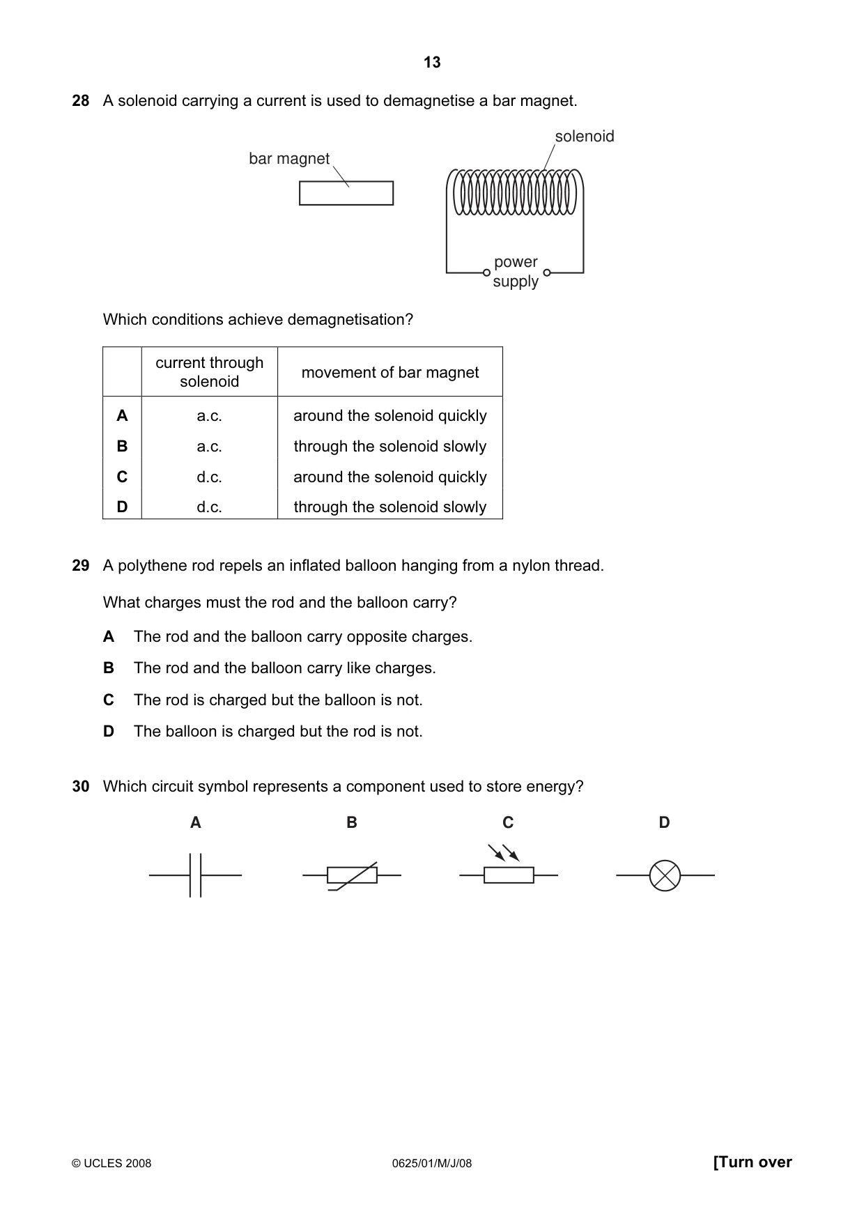 Cambridge IGCSE Physics 0625 2008 May/June Paper 1 · Variant 1 question paper, page 13 of 20