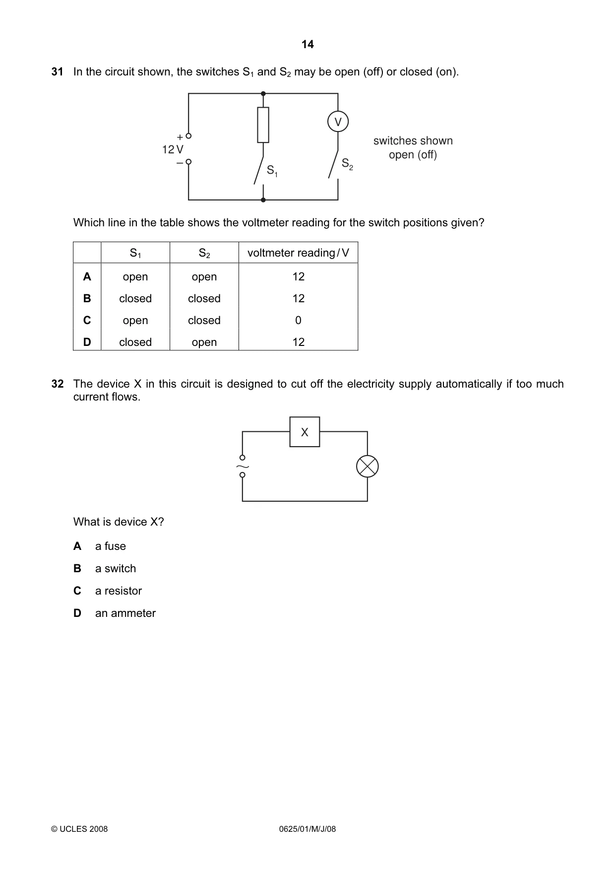 Cambridge IGCSE Physics 0625 2008 May/June Paper 1 · Variant 1 question paper, page 14 of 20