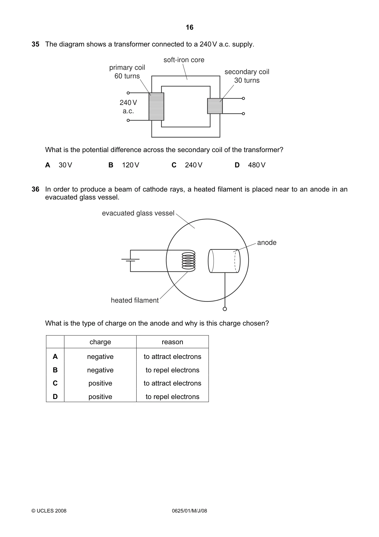 Cambridge IGCSE Physics 0625 2008 May/June Paper 1 · Variant 1 question paper, page 16 of 20