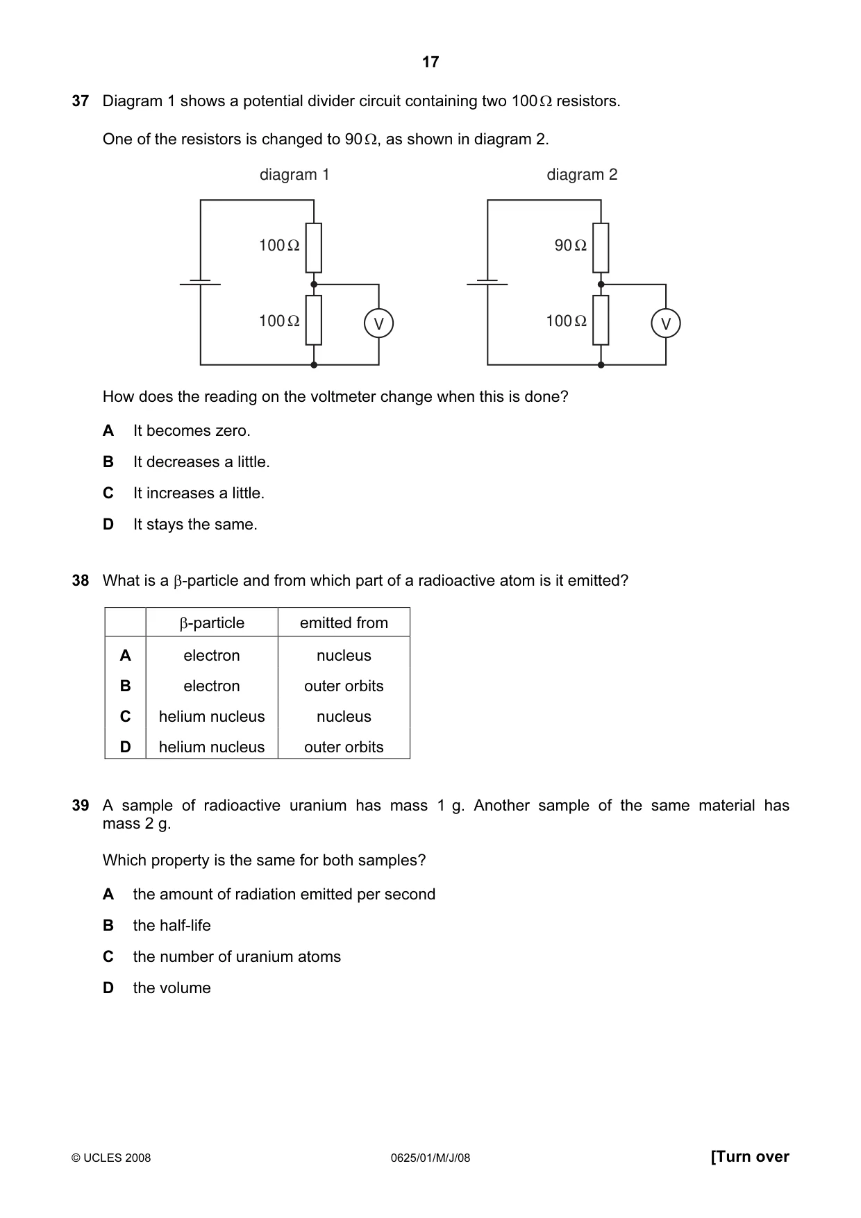 Cambridge IGCSE Physics 0625 2008 May/June Paper 1 · Variant 1 question paper, page 17 of 20