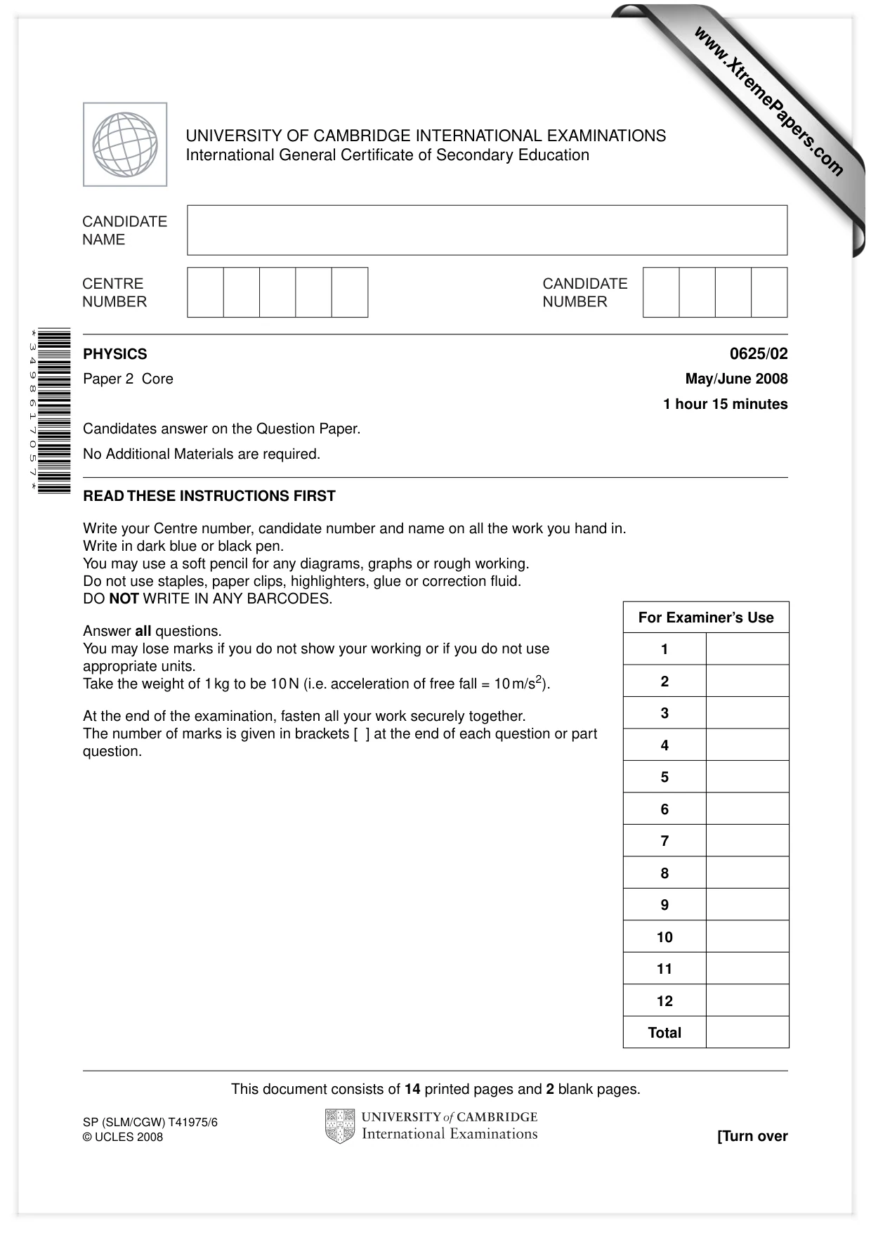 Cambridge IGCSE Physics 0625 2008 May/June Paper 2 · Variant 1 question paper, page 1 of 16
