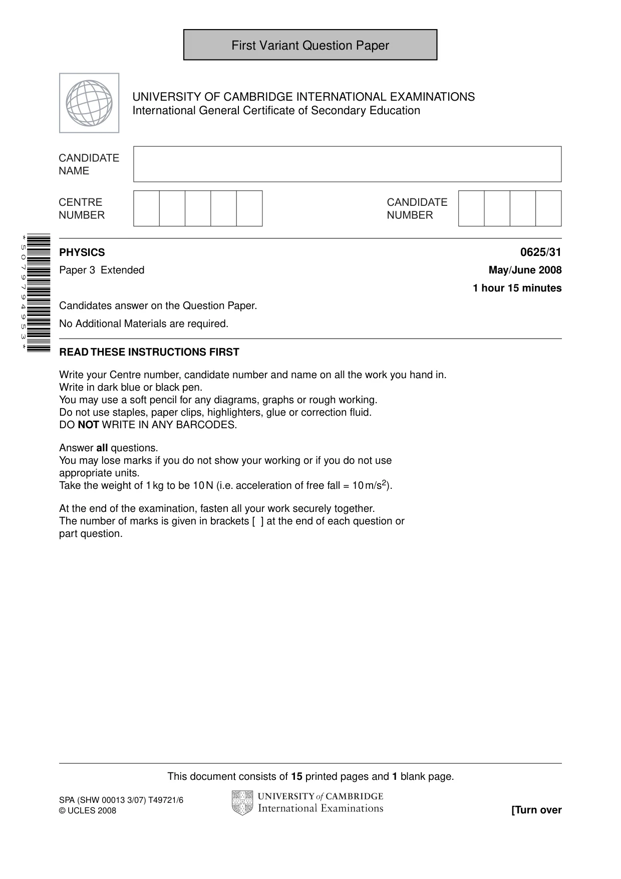 Cambridge IGCSE Physics 0625 2008 May/June Paper 3 · Variant 1 question paper, page 2 of 33