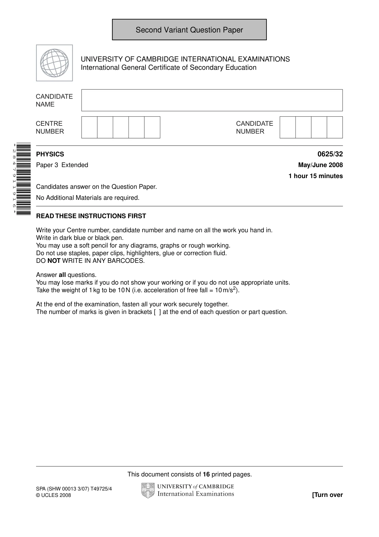 Cambridge IGCSE Physics 0625 2008 May/June Paper 3 · Variant 1 question paper, page 18 of 33