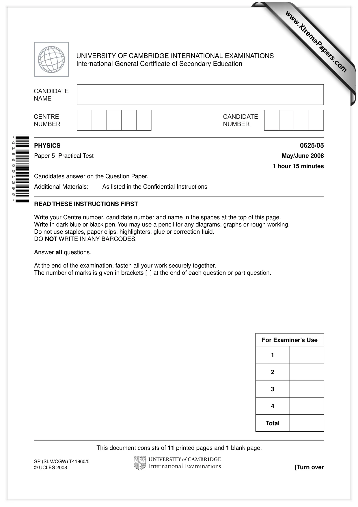 Cambridge IGCSE Physics 0625 2008 May/June Paper 5 · Variant 1 question paper, page 1 of 12