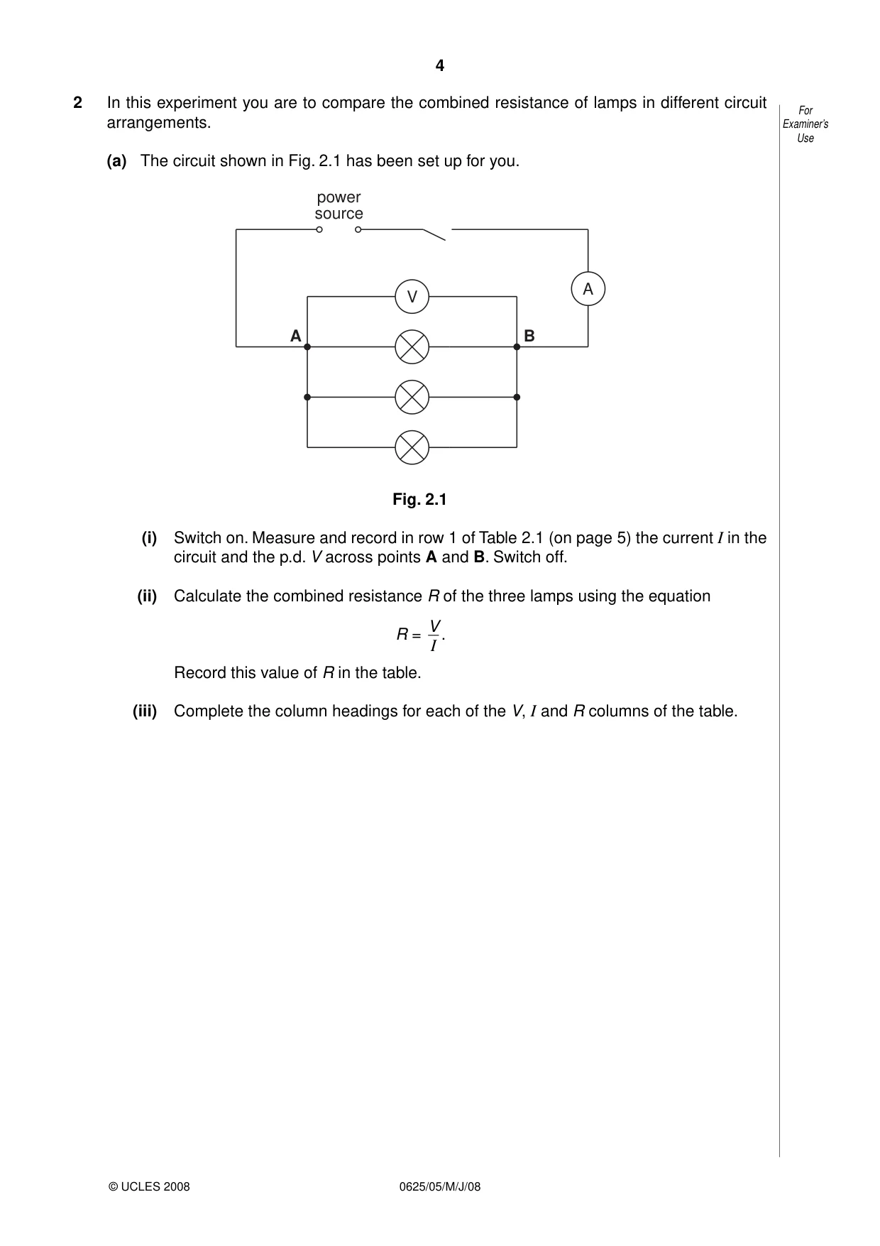 Cambridge IGCSE Physics 0625 2008 May/June Paper 5 · Variant 1 question paper, page 4 of 12