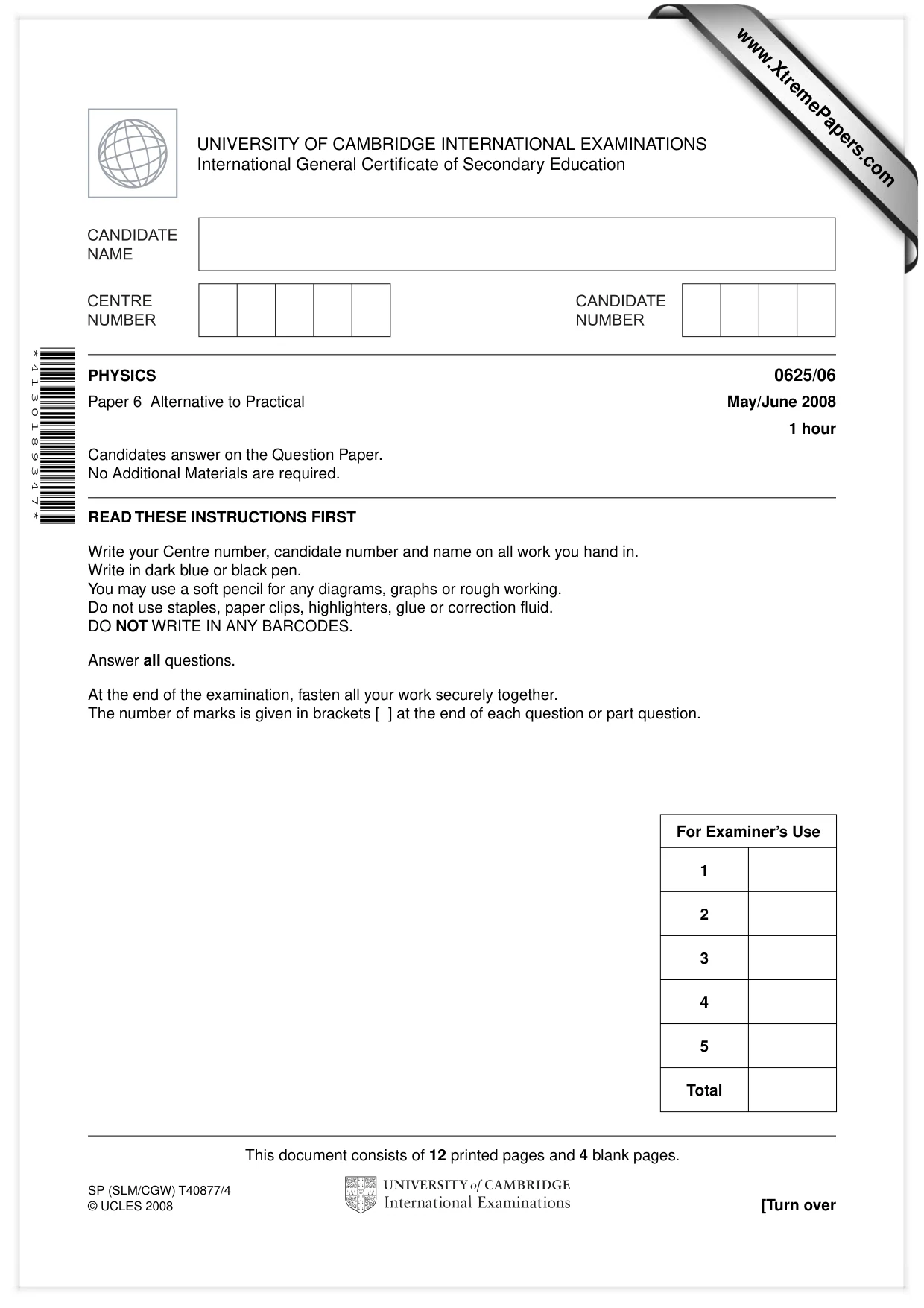 Cambridge IGCSE Physics 0625 2008 May/June Paper 6 · Variant 1 question paper, page 1 of 16