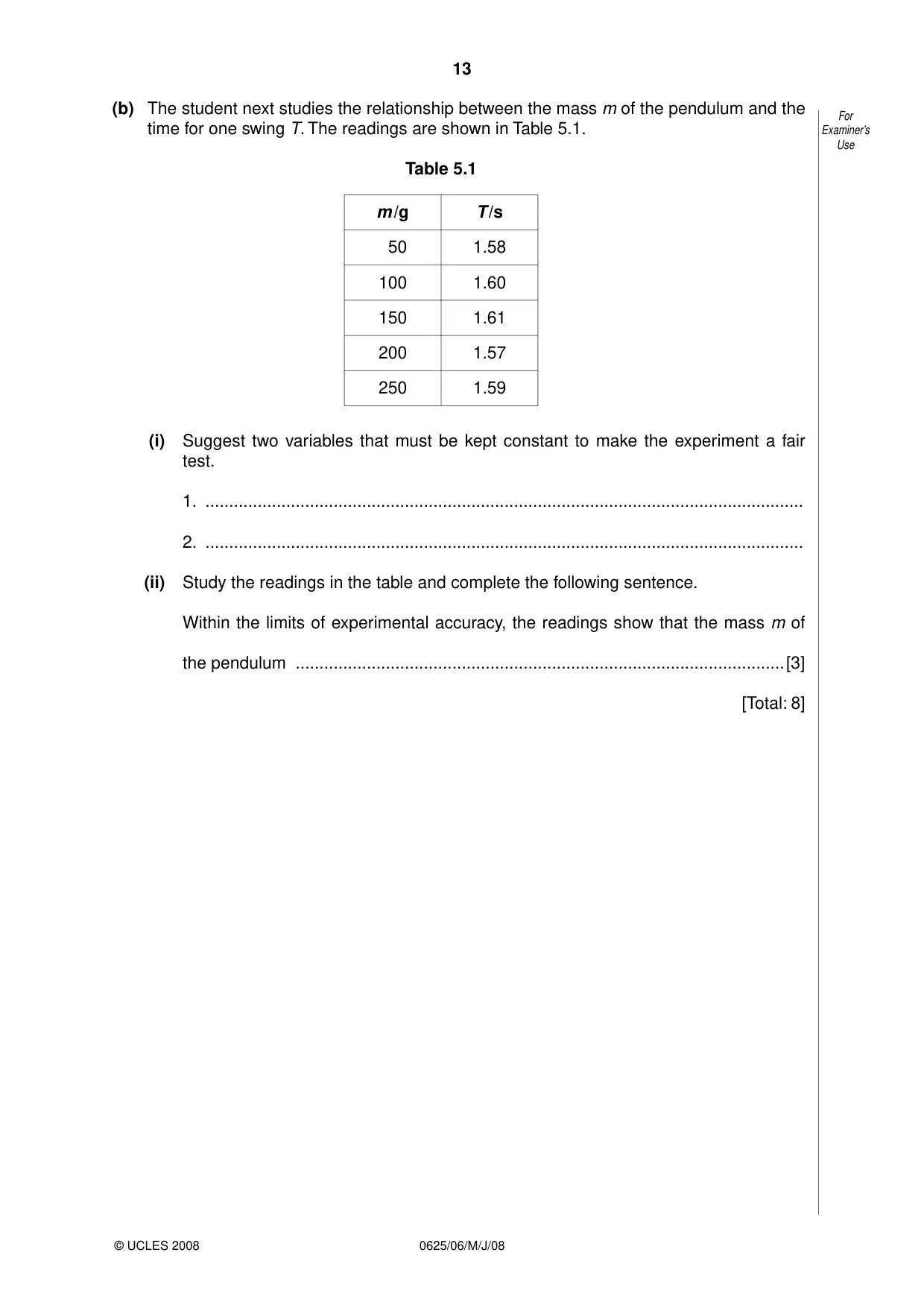 Cambridge IGCSE Physics 0625 2008 May/June Paper 6 · Variant 1 question paper, page 13 of 16