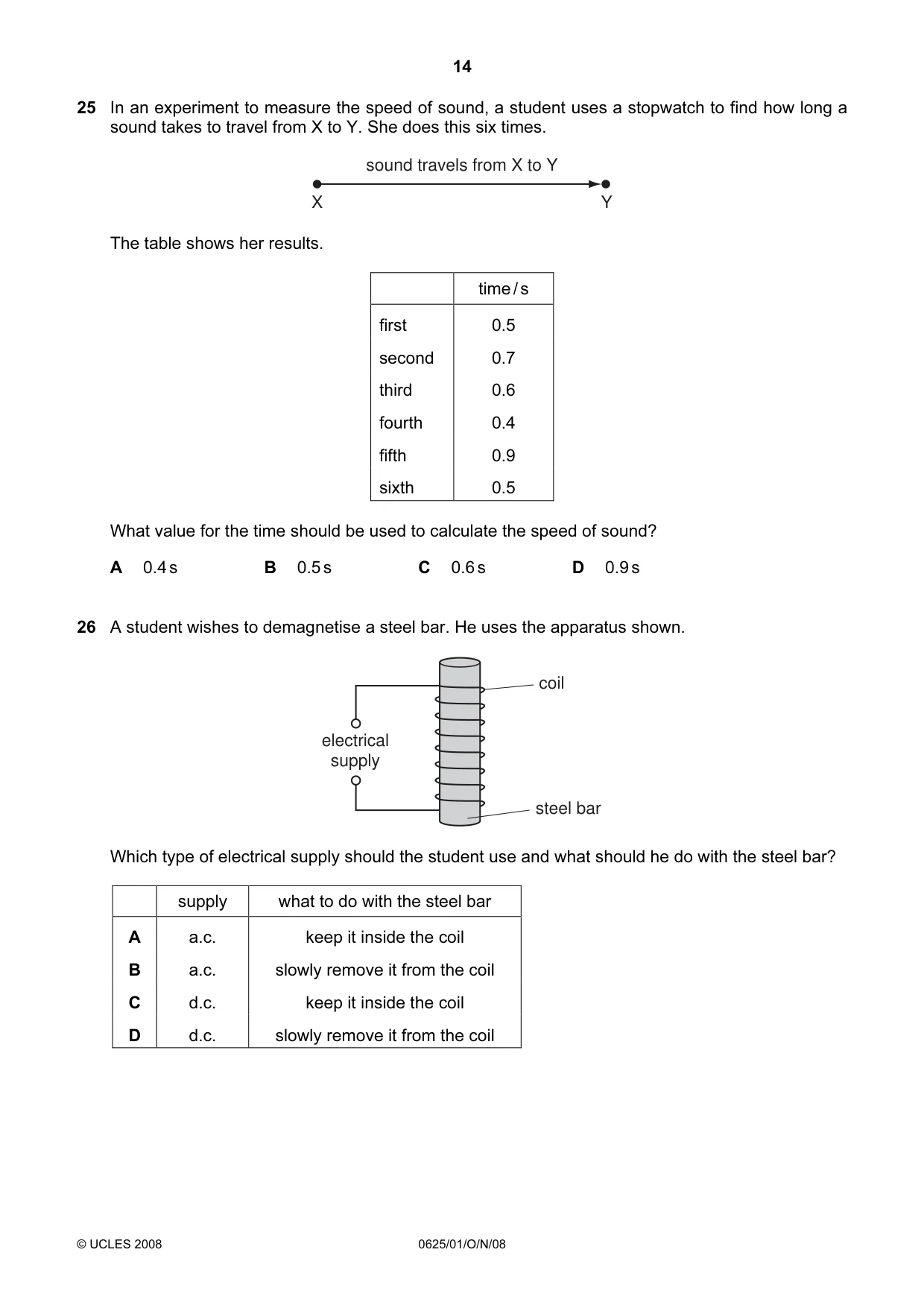 Cambridge IGCSE Physics 0625 2008 Oct/Nov Paper 1 · Variant 1 question paper, page 14 of 20
