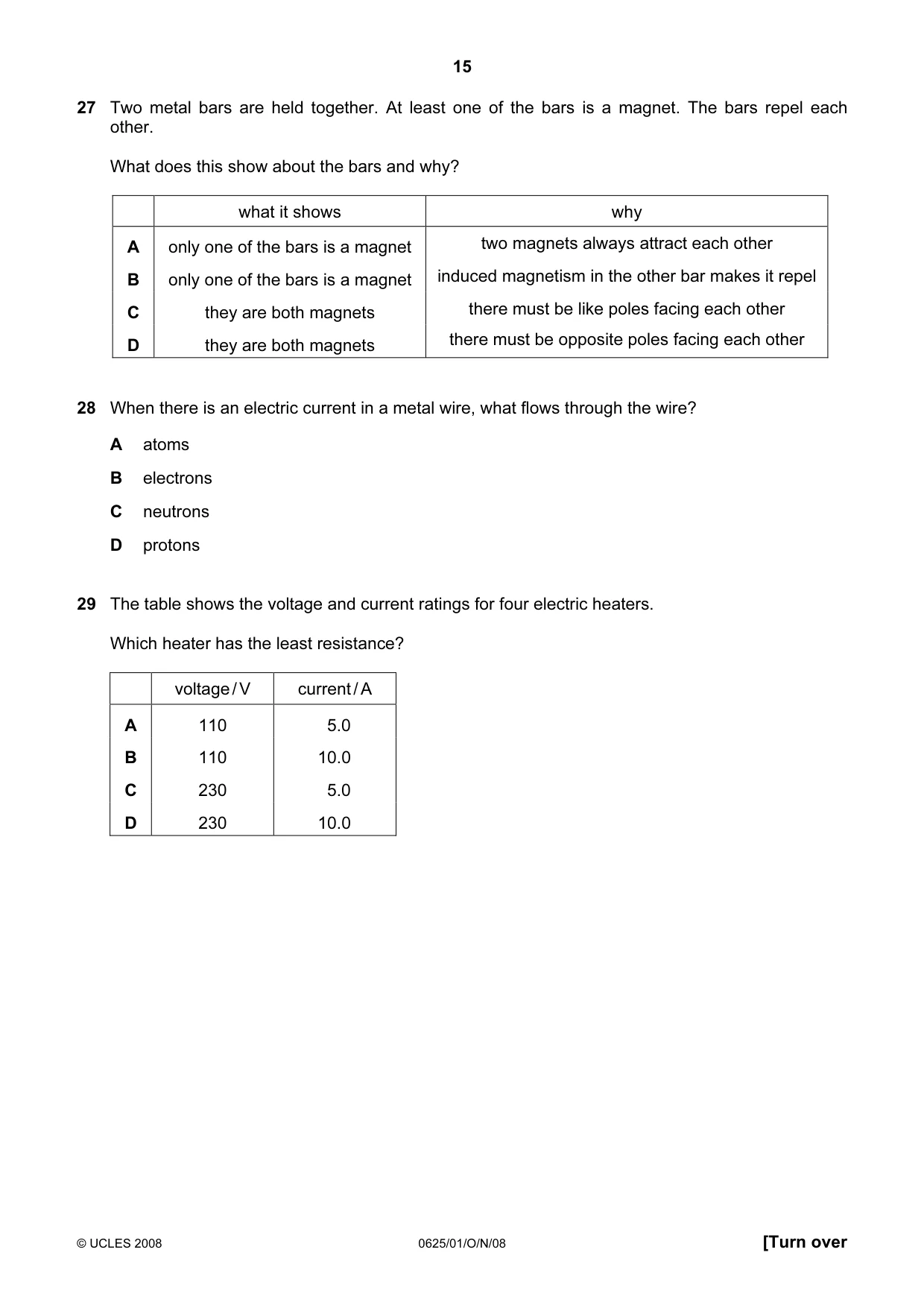 Cambridge IGCSE Physics 0625 2008 Oct/Nov Paper 1 · Variant 1 question paper, page 15 of 20