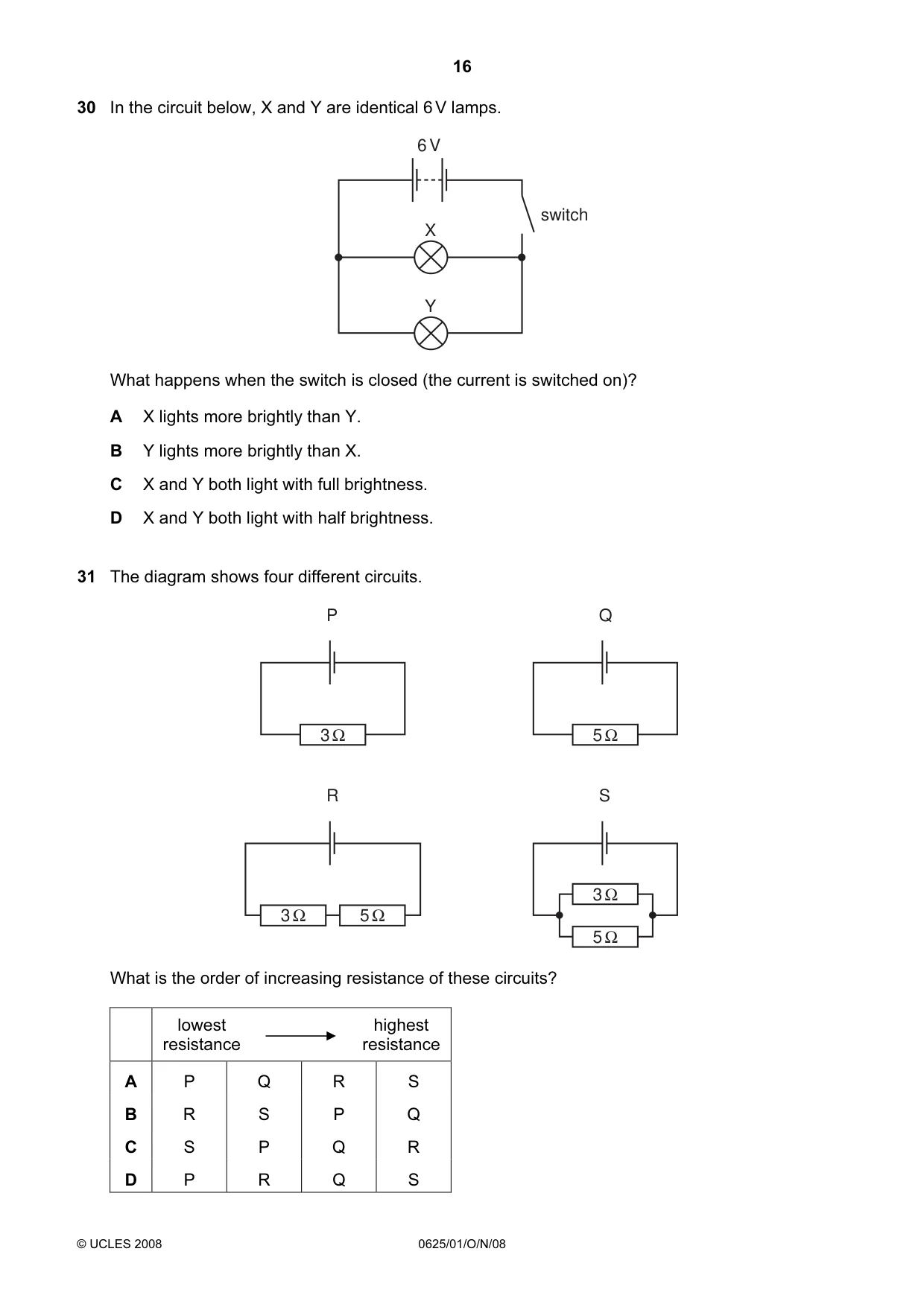 Cambridge IGCSE Physics 0625 2008 Oct/Nov Paper 1 · Variant 1 question paper, page 16 of 20