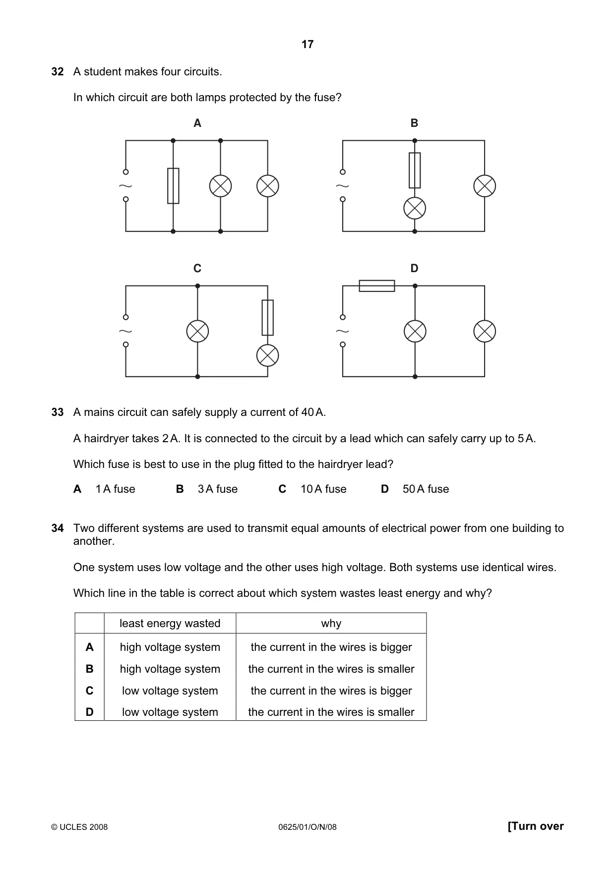 Cambridge IGCSE Physics 0625 2008 Oct/Nov Paper 1 · Variant 1 question paper, page 17 of 20