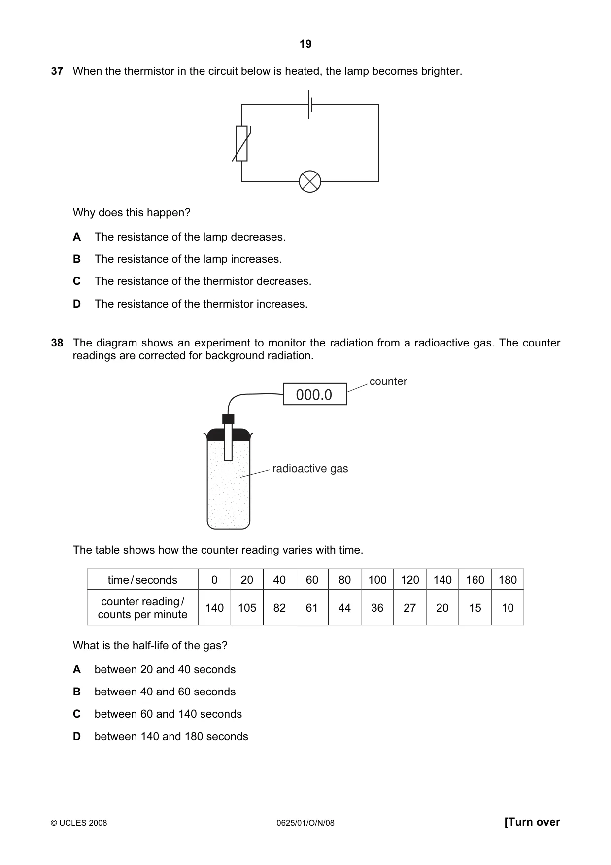 Cambridge IGCSE Physics 0625 2008 Oct/Nov Paper 1 · Variant 1 question paper, page 19 of 20