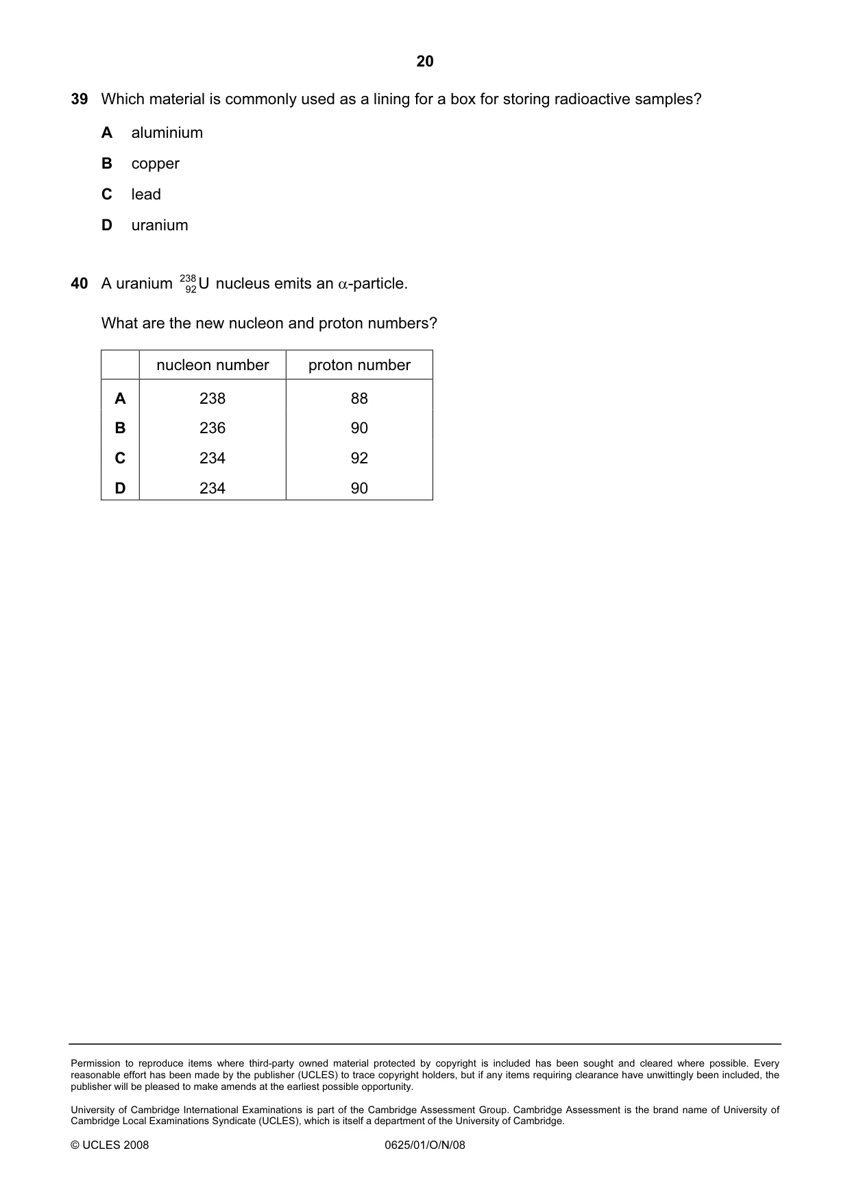 Cambridge IGCSE Physics 0625 2008 Oct/Nov Paper 1 · Variant 1 question paper, page 20 of 20