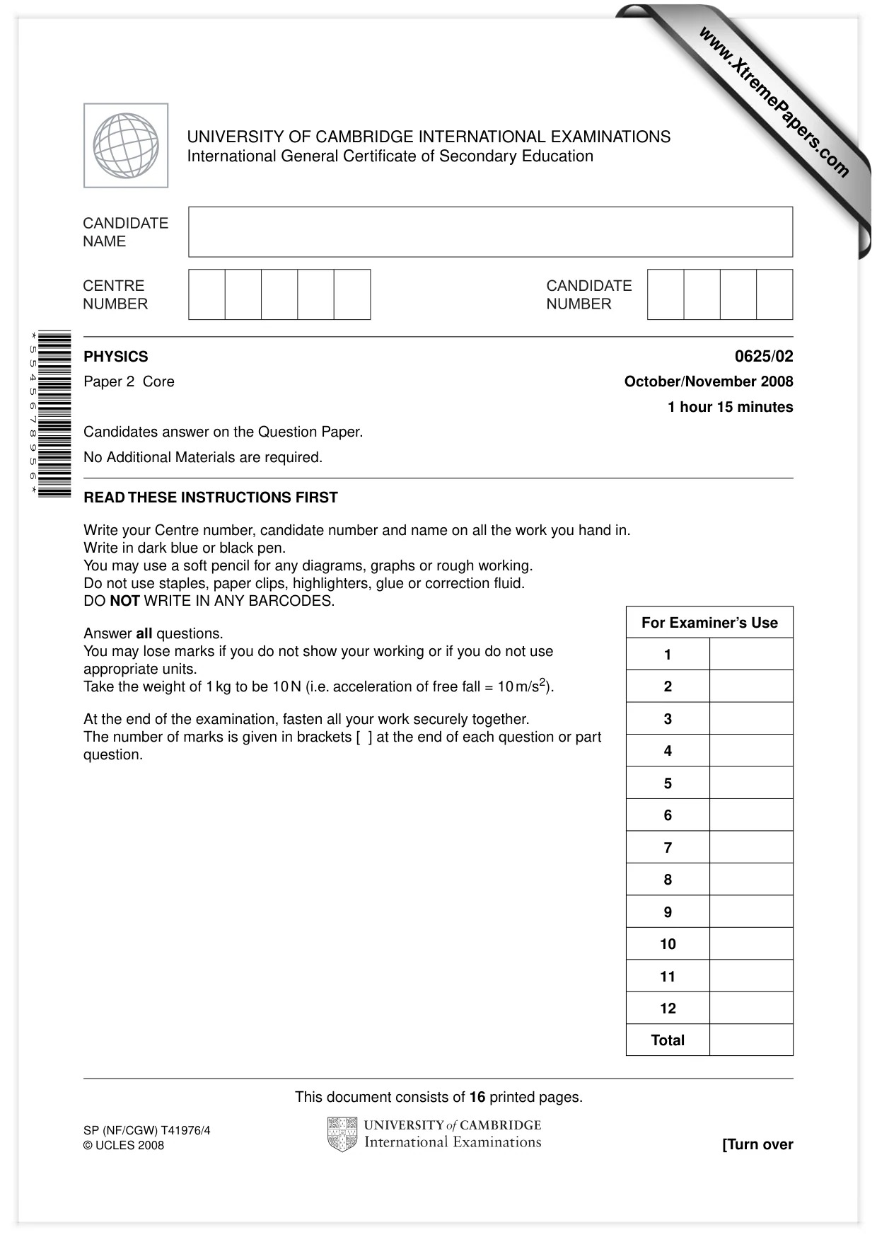 Cambridge IGCSE Physics 0625 2008 Oct/Nov Paper 2 · Variant 1 question paper, page 1 of 16