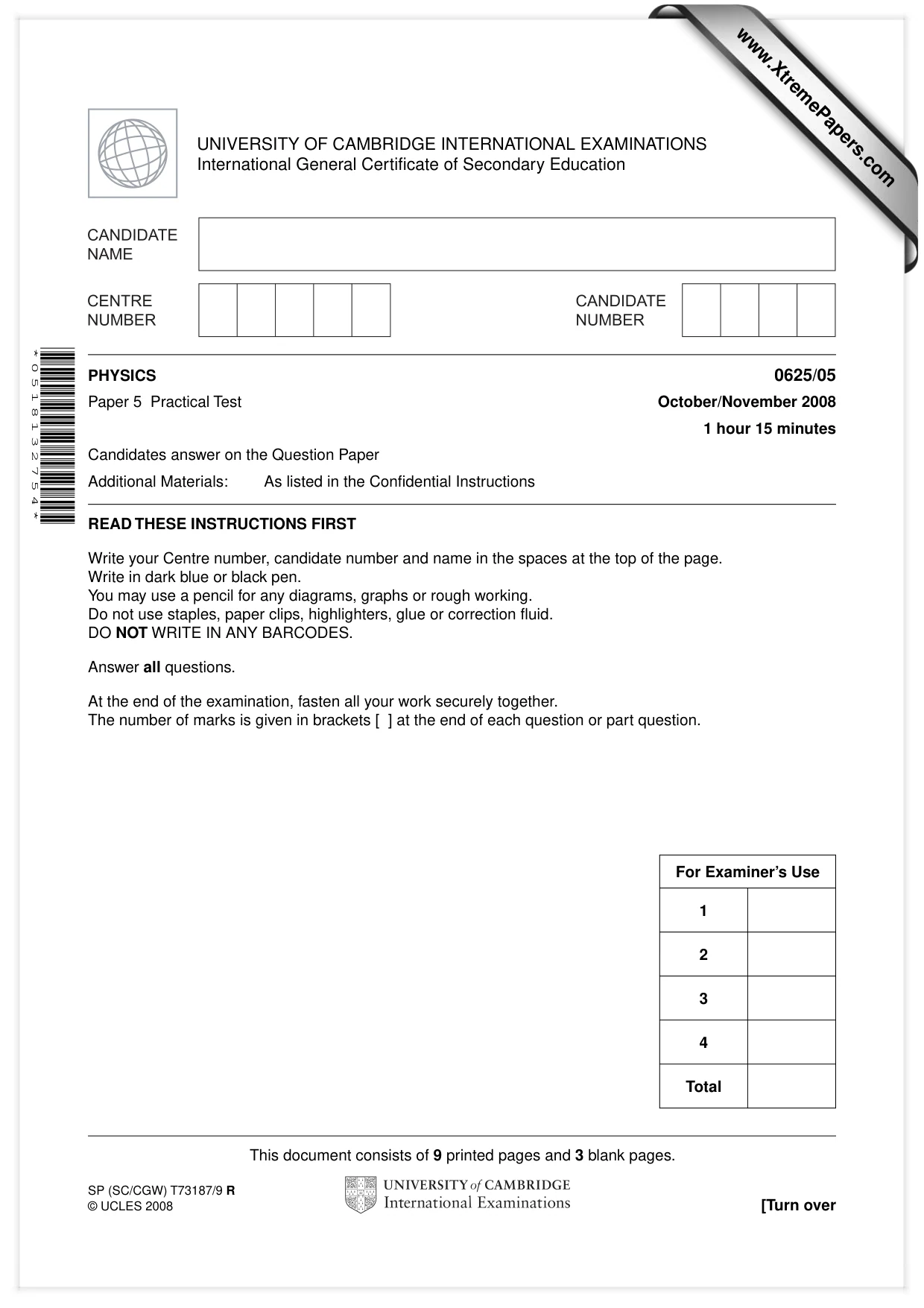 Cambridge IGCSE Physics 0625 2008 Oct/Nov Paper 5 · Variant 1 question paper, page 1 of 12