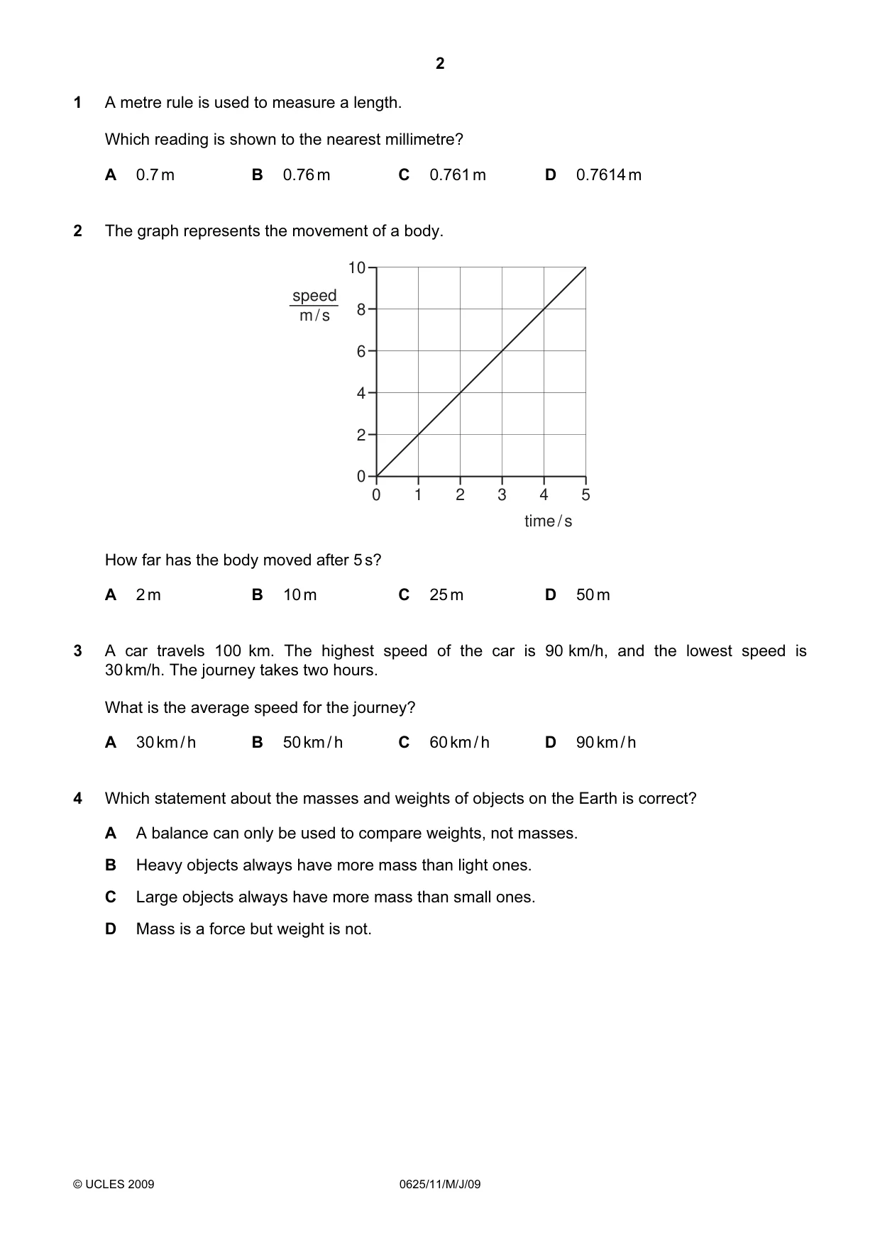 Cambridge IGCSE Physics 0625 2009 May/June Paper 1 · Variant 1 question paper, page 3 of 41