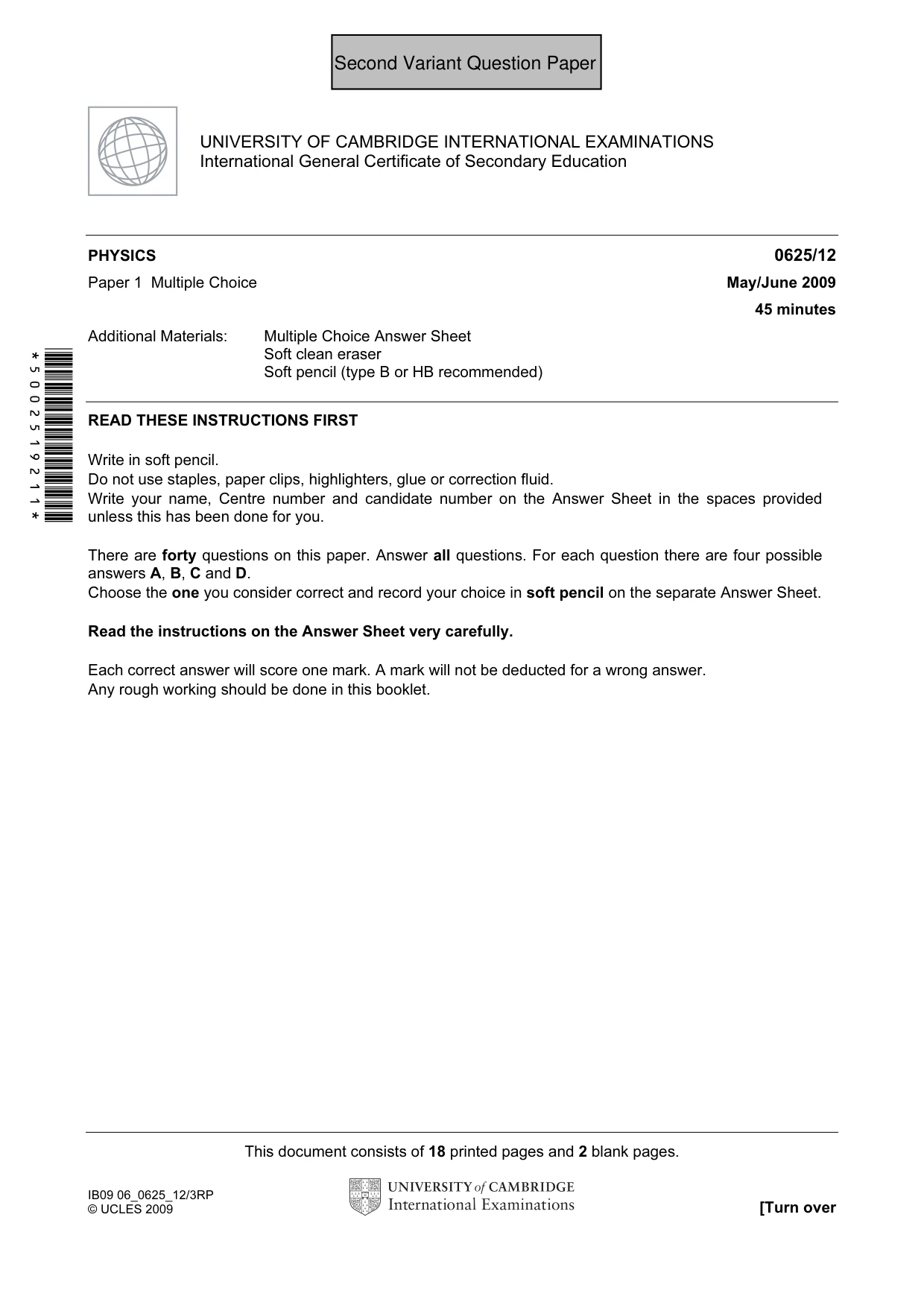 Cambridge IGCSE Physics 0625 2009 May/June Paper 1 · Variant 1 question paper, page 22 of 41