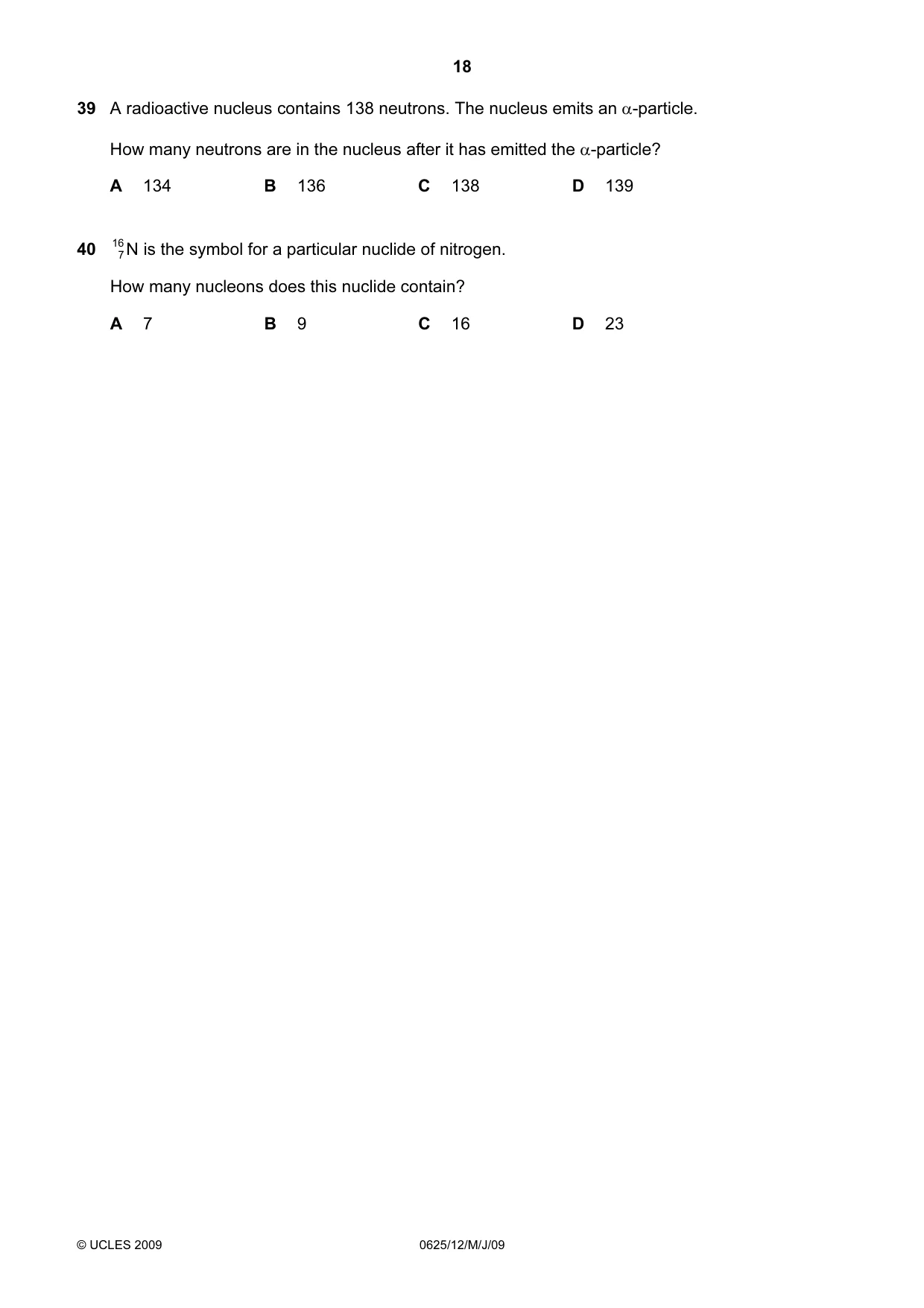 Cambridge IGCSE Physics 0625 2009 May/June Paper 1 · Variant 1 question paper, page 39 of 41