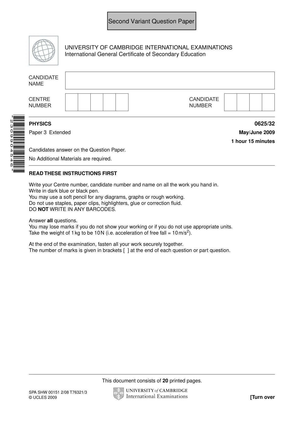 Cambridge IGCSE Physics 0625 2009 May/June Paper 3 · Variant 1 question paper, page 22 of 41