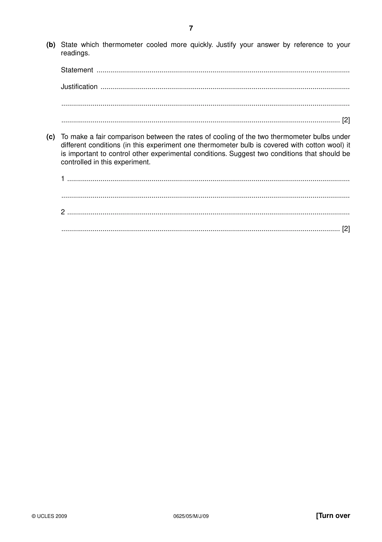 Cambridge IGCSE Physics 0625 2009 May/June Paper 5 · Variant 1 question paper, page 7 of 12