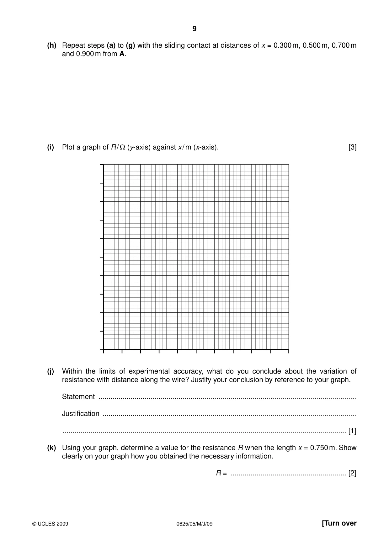 Cambridge IGCSE Physics 0625 2009 May/June Paper 5 · Variant 1 question paper, page 9 of 12