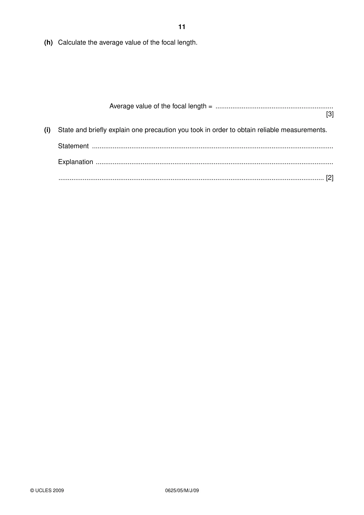 Cambridge IGCSE Physics 0625 2009 May/June Paper 5 · Variant 1 question paper, page 11 of 12
