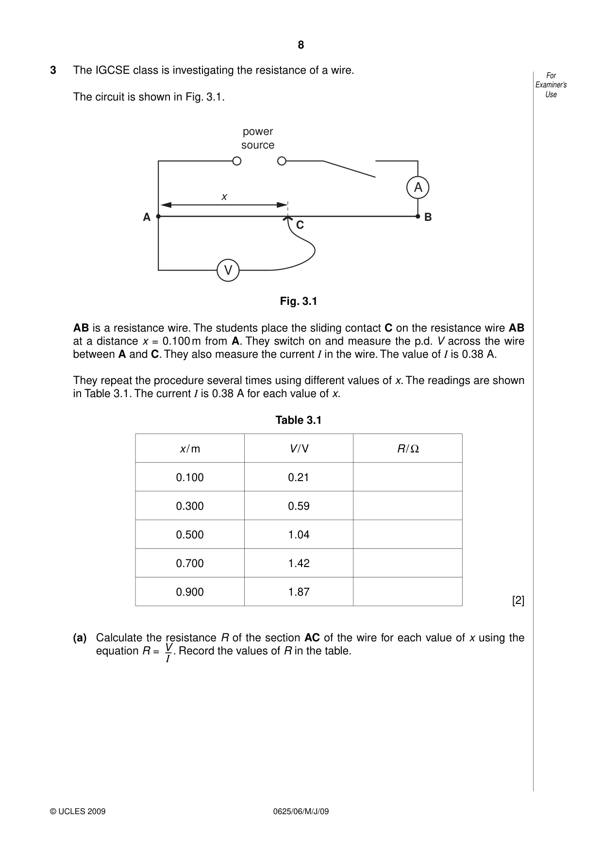 Cambridge IGCSE Physics 0625 2009 May/June Paper 6 · Variant 1 question paper, page 8 of 12