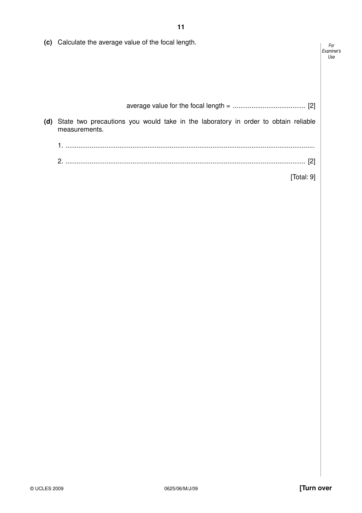 Cambridge IGCSE Physics 0625 2009 May/June Paper 6 · Variant 1 question paper, page 11 of 12