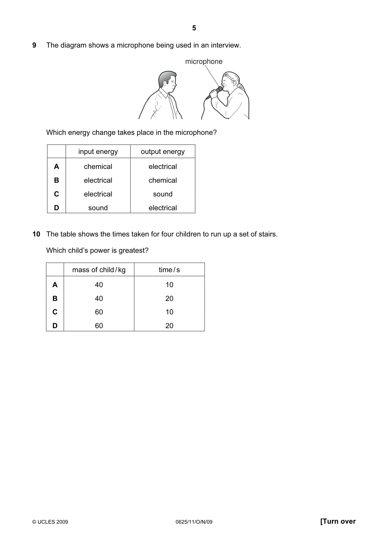 Cambridge IGCSE Physics 0625 2009 Oct/Nov Paper 1 · Variant 1 question paper, page 5 of 16