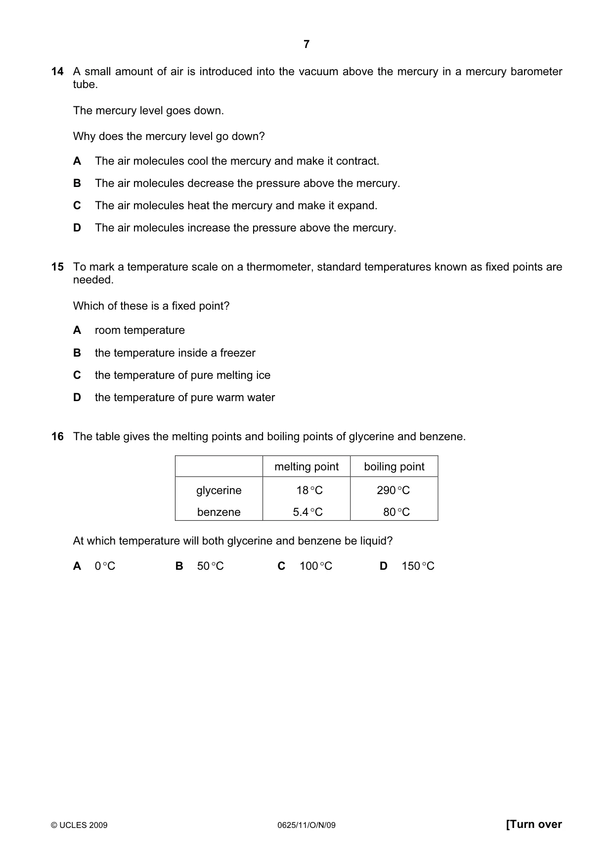 Cambridge IGCSE Physics 0625 2009 Oct/Nov Paper 1 · Variant 1 question paper, page 7 of 16