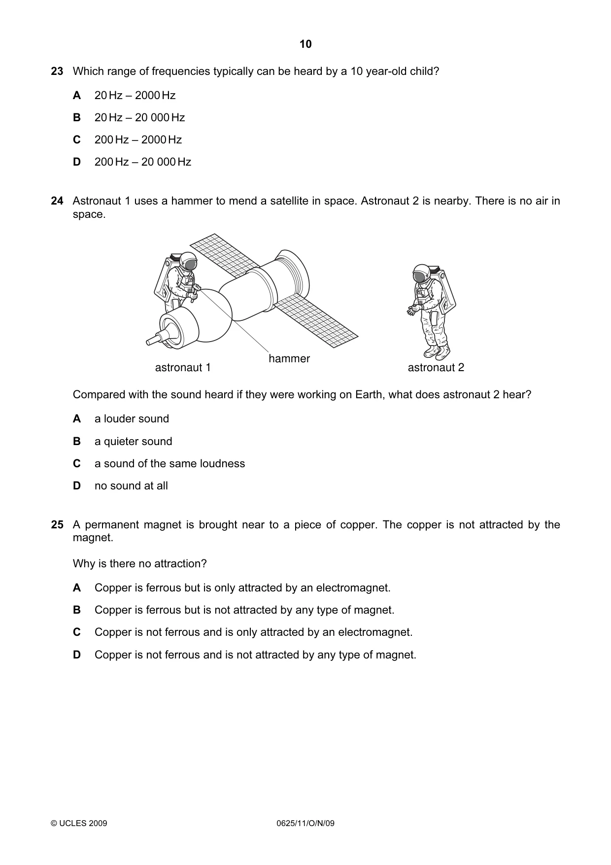 Cambridge IGCSE Physics 0625 2009 Oct/Nov Paper 1 · Variant 1 question paper, page 10 of 16