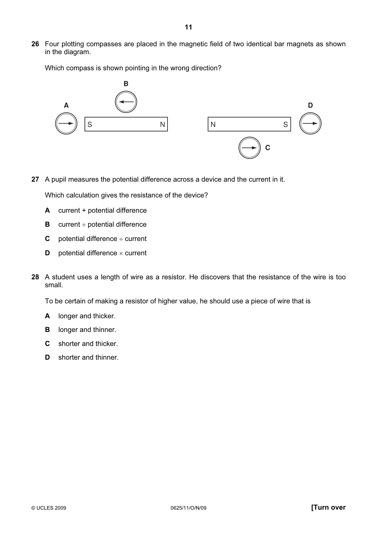 Cambridge IGCSE Physics 0625 2009 Oct/Nov Paper 1 · Variant 1 question paper, page 11 of 16