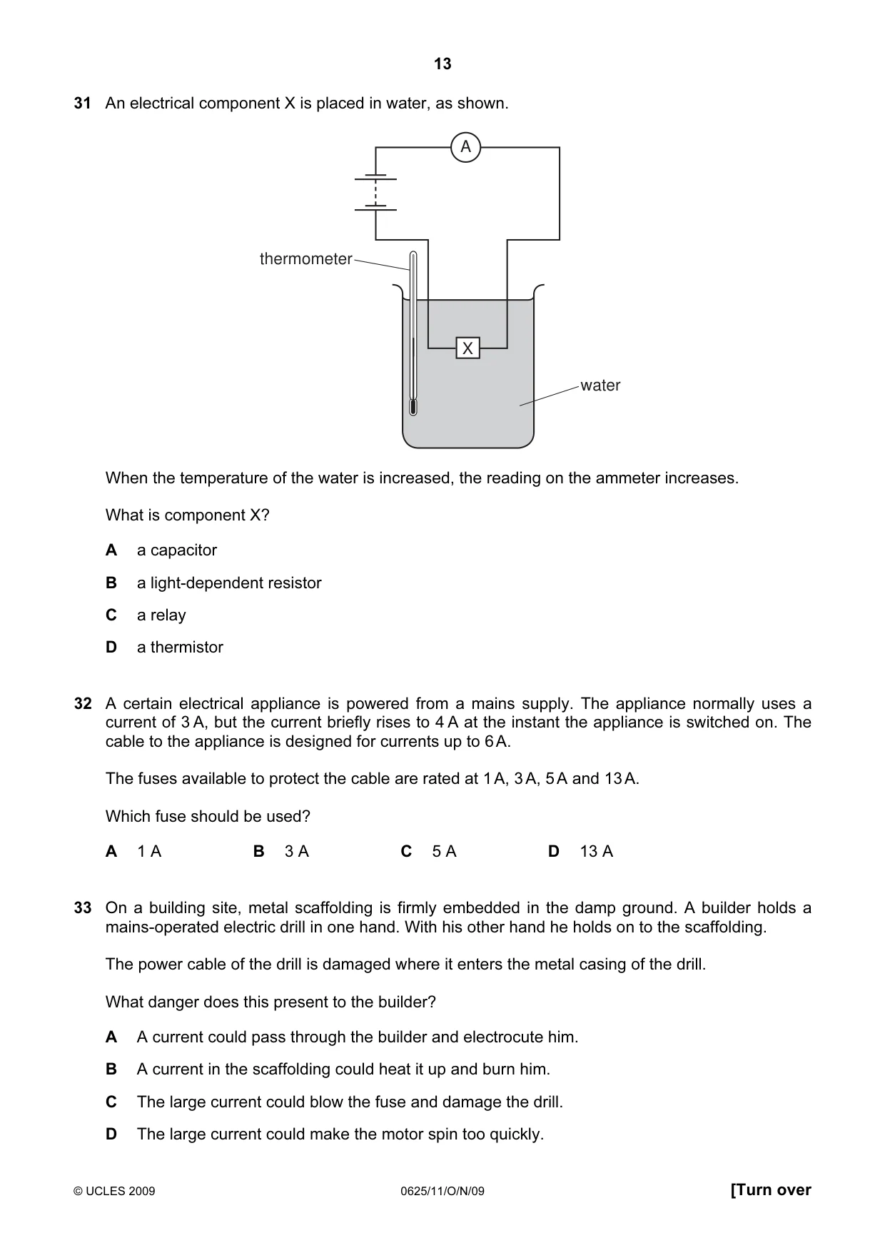 Cambridge IGCSE Physics 0625 2009 Oct/Nov Paper 1 · Variant 1 question paper, page 13 of 16