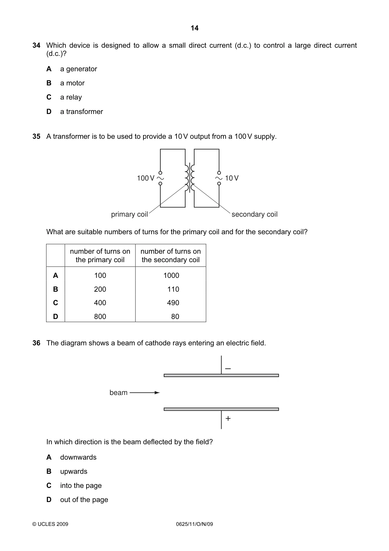Cambridge IGCSE Physics 0625 2009 Oct/Nov Paper 1 · Variant 1 question paper, page 14 of 16