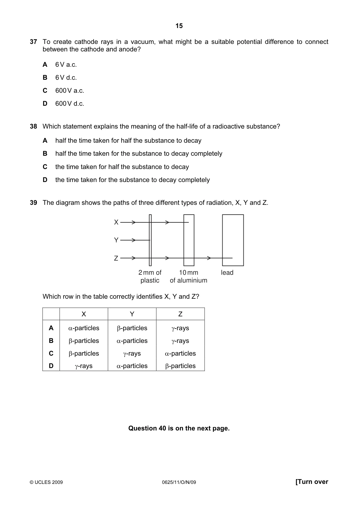 Cambridge IGCSE Physics 0625 2009 Oct/Nov Paper 1 · Variant 1 question paper, page 15 of 16