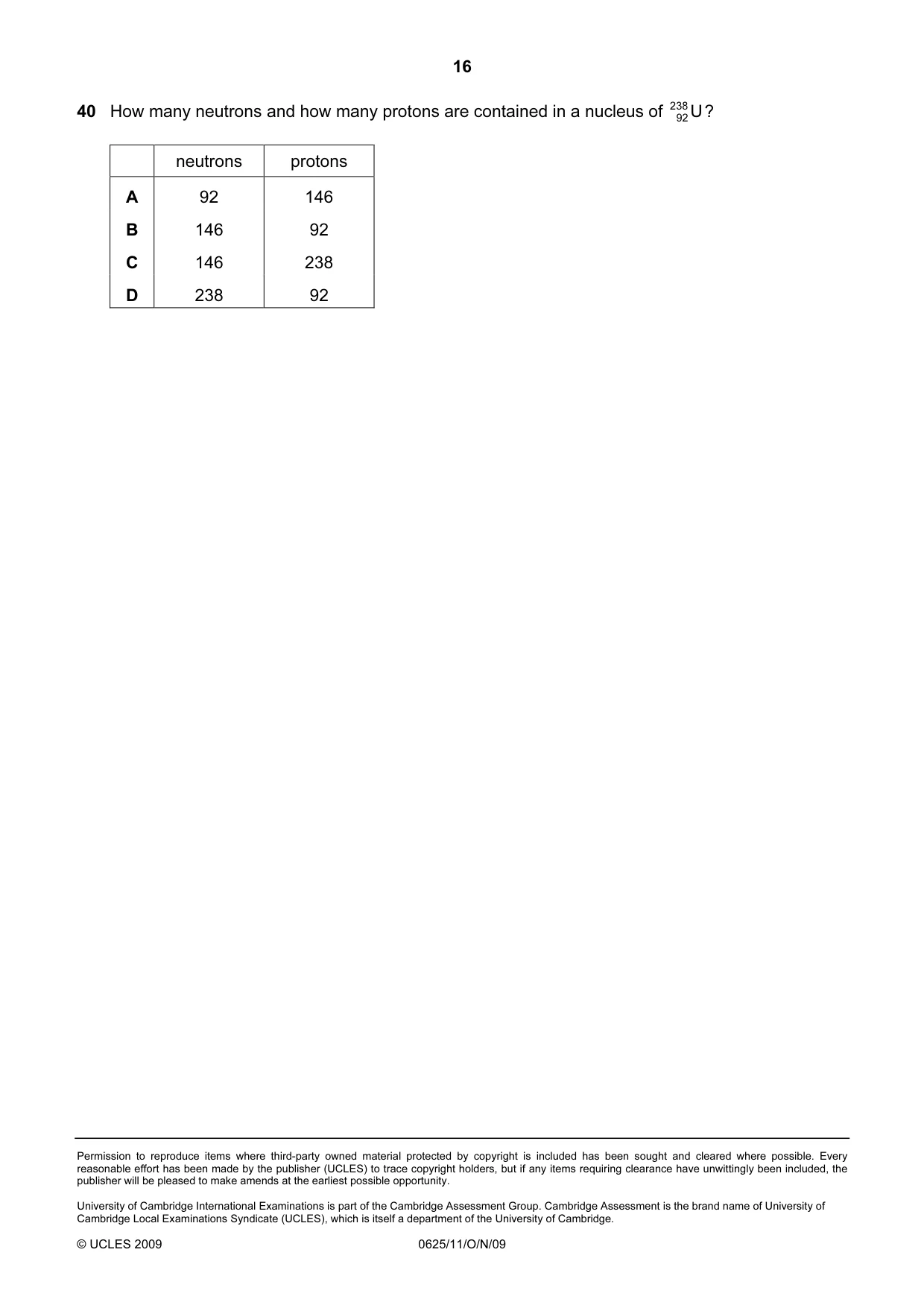 Cambridge IGCSE Physics 0625 2009 Oct/Nov Paper 1 · Variant 1 question paper, page 16 of 16