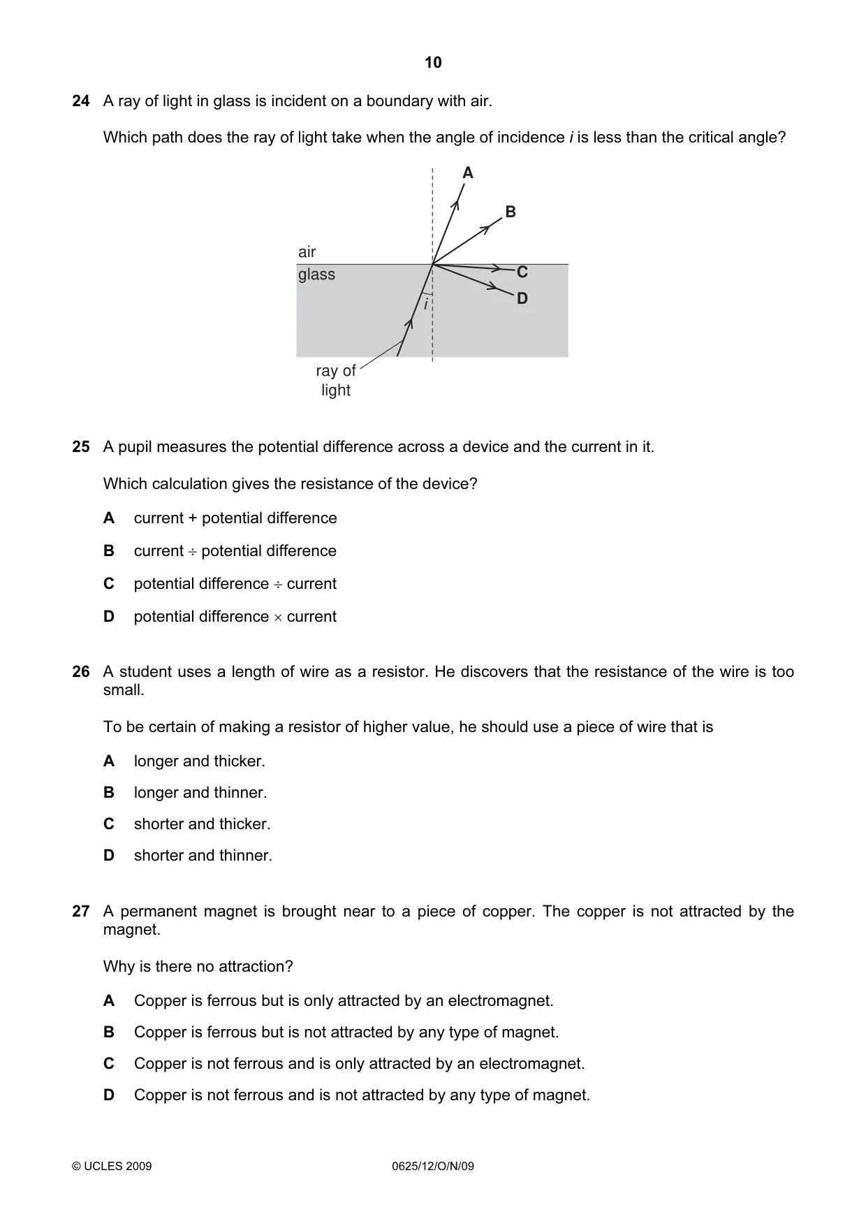 Cambridge IGCSE Physics 0625 2009 Oct/Nov Paper 1 · Variant 2 question paper, page 10 of 16