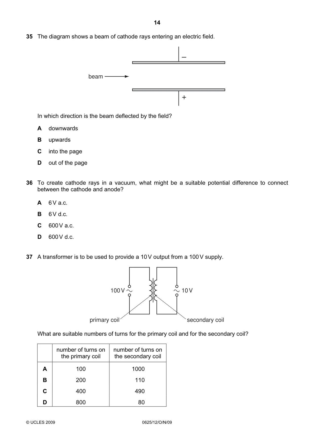 Cambridge IGCSE Physics 0625 2009 Oct/Nov Paper 1 · Variant 2 question paper, page 14 of 16