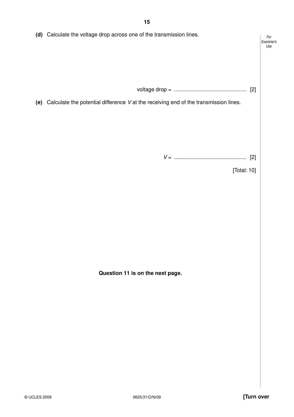 Cambridge IGCSE Physics 0625 2009 Oct/Nov Paper 3 · Variant 1 question paper, page 15 of 16