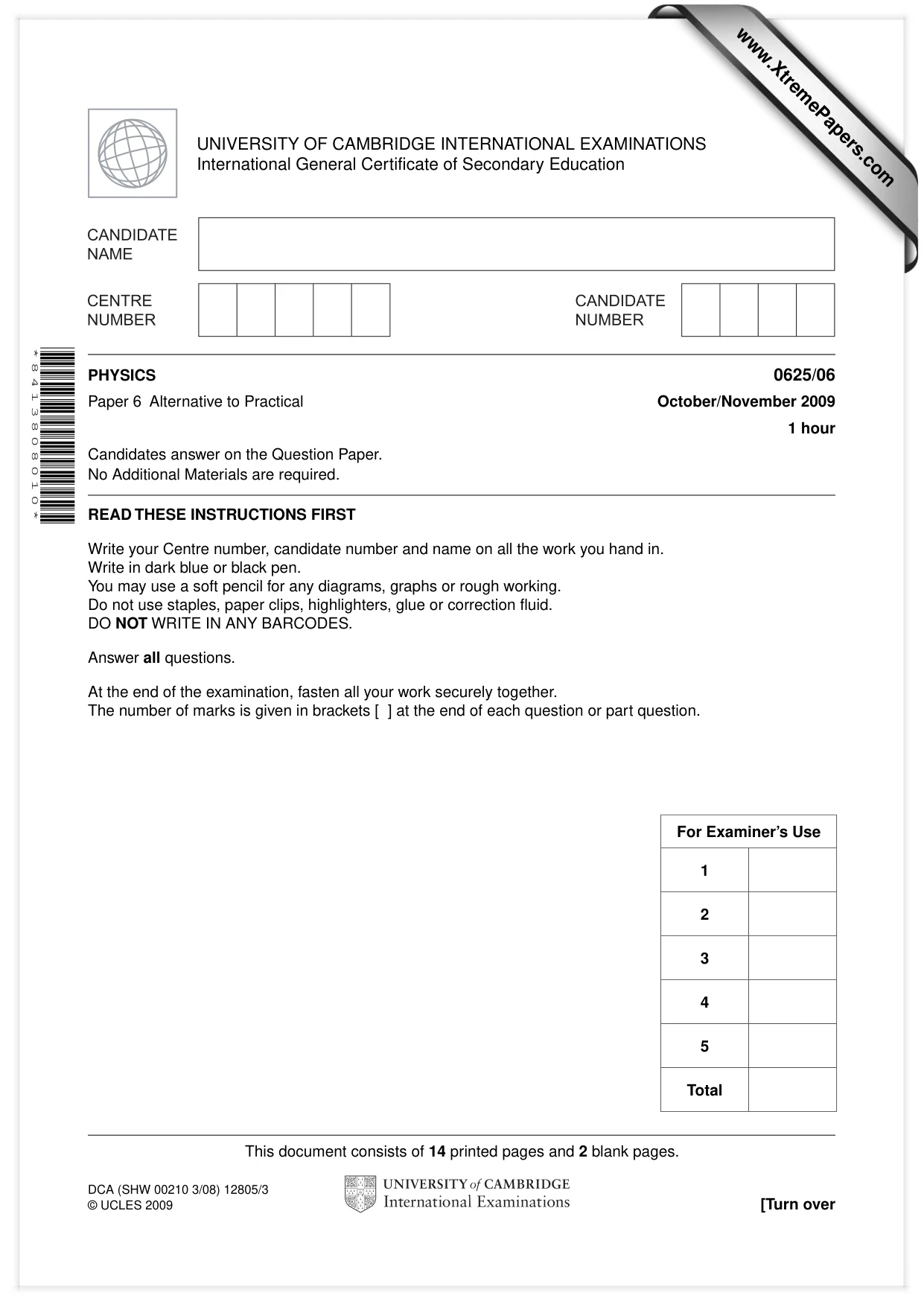 Cambridge IGCSE Physics 0625 2009 Oct/Nov Paper 6 · Variant 1 question paper, page 1 of 16
