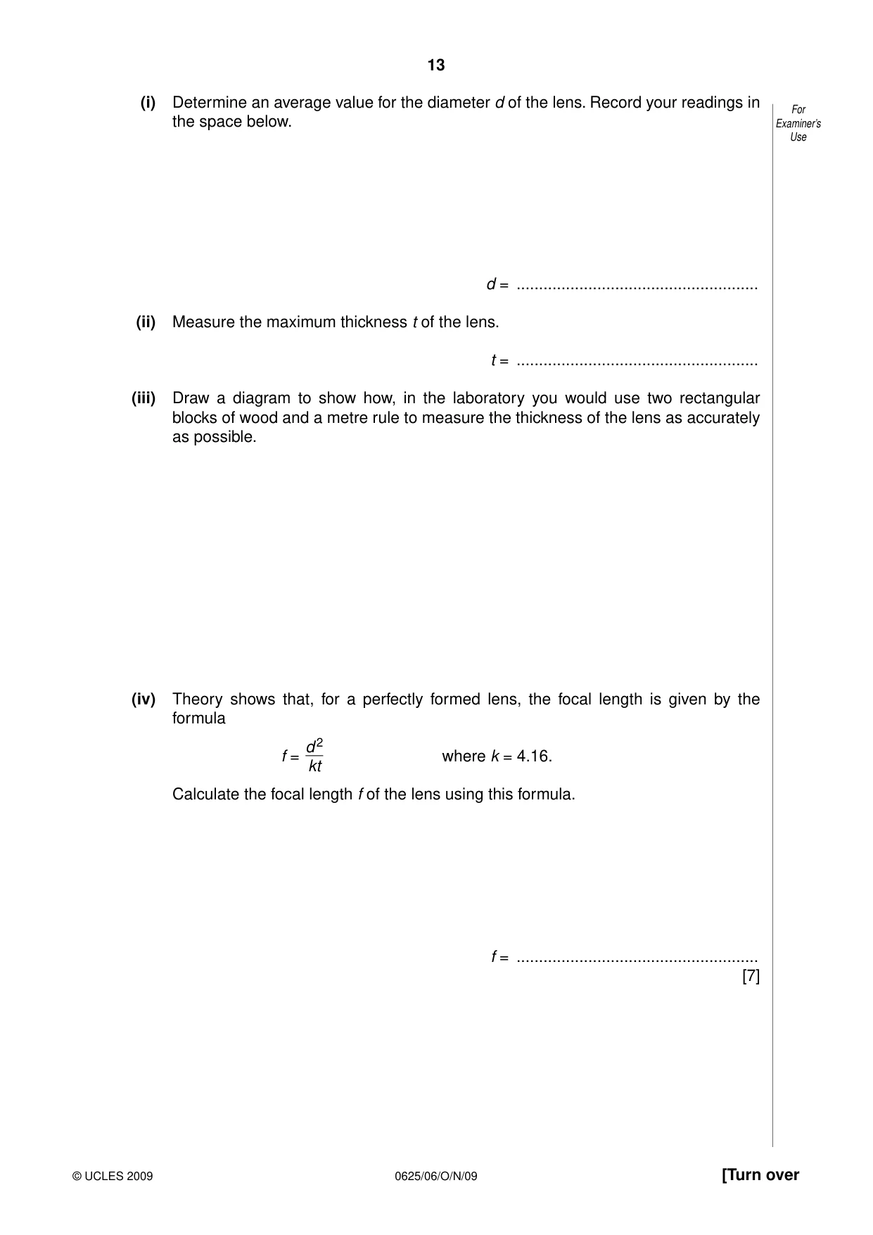 Cambridge IGCSE Physics 0625 2009 Oct/Nov Paper 6 · Variant 1 question paper, page 13 of 16
