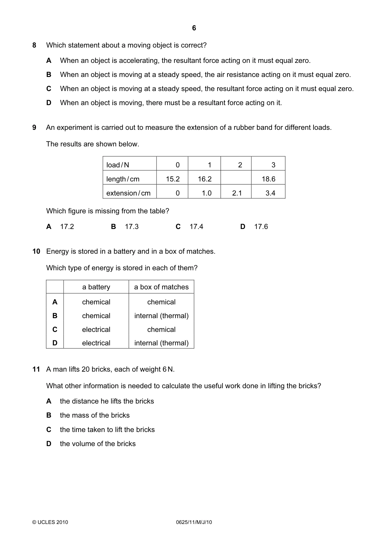 Cambridge IGCSE Physics 0625 2010 May/June Paper 1 · Variant 1 question paper, page 6 of 20
