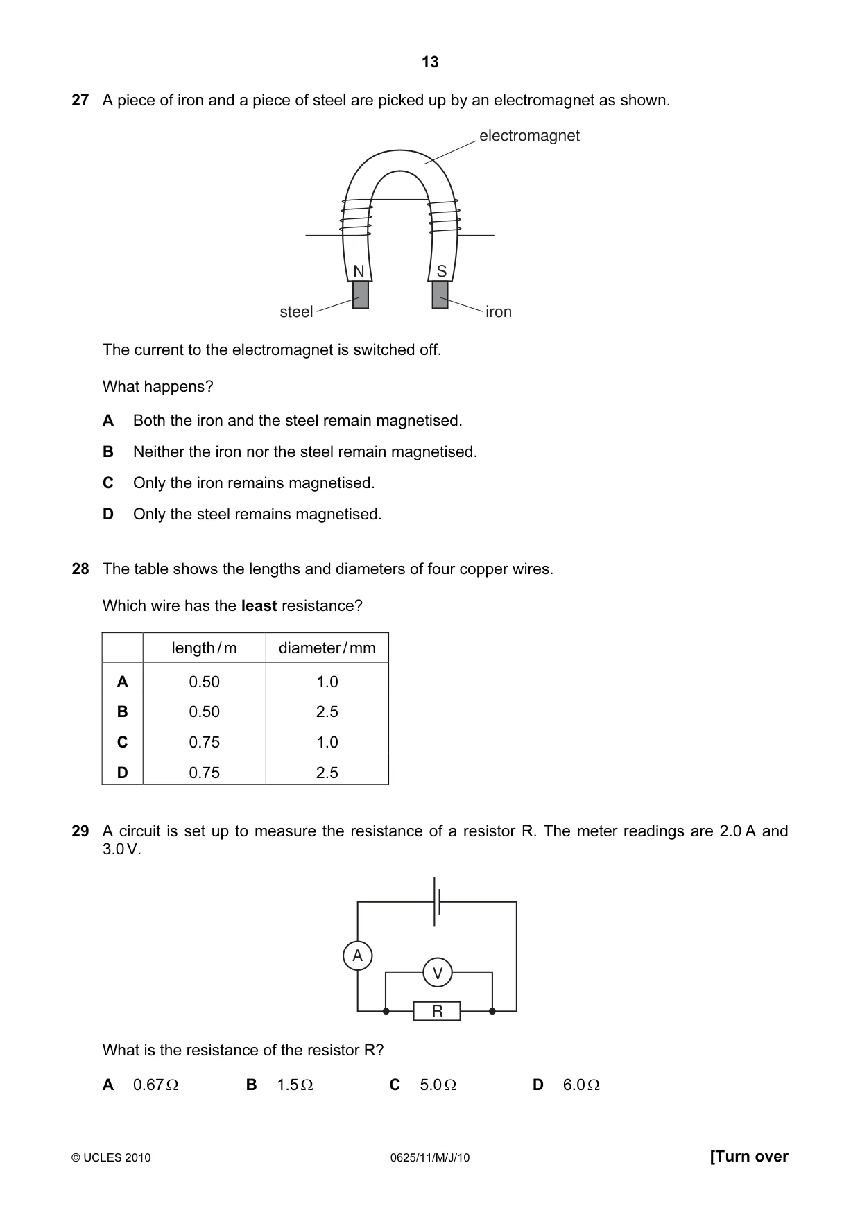 Cambridge IGCSE Physics 0625 2010 May/June Paper 1 · Variant 1 question paper, page 13 of 20